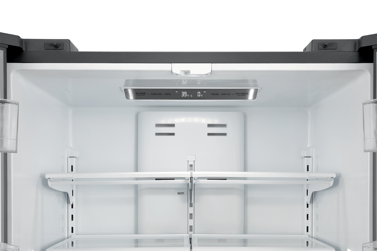 Refrigerator interior with top air vent and adjustable shelf rails