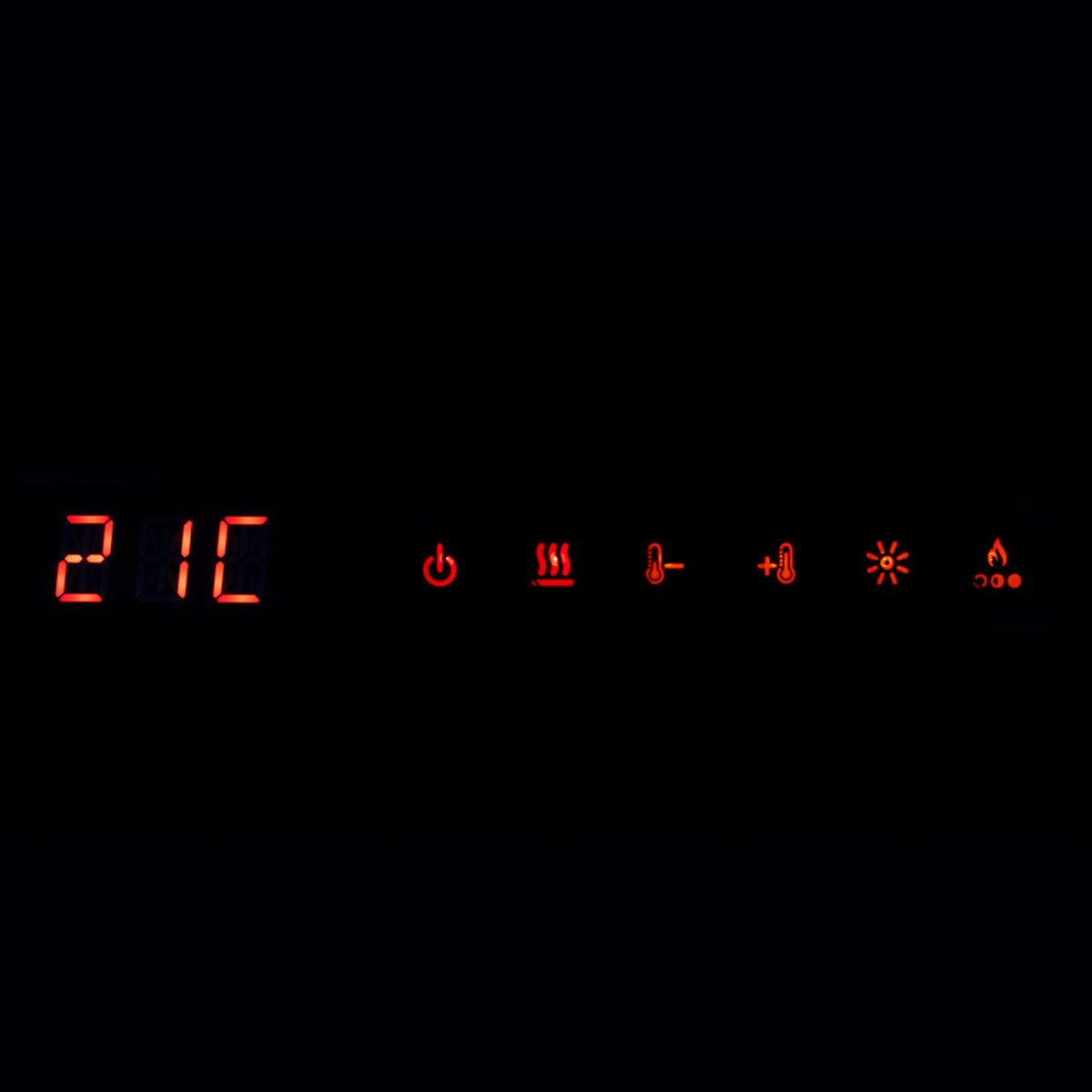 Electric fireplace control panel display showing 21°C and feature icons