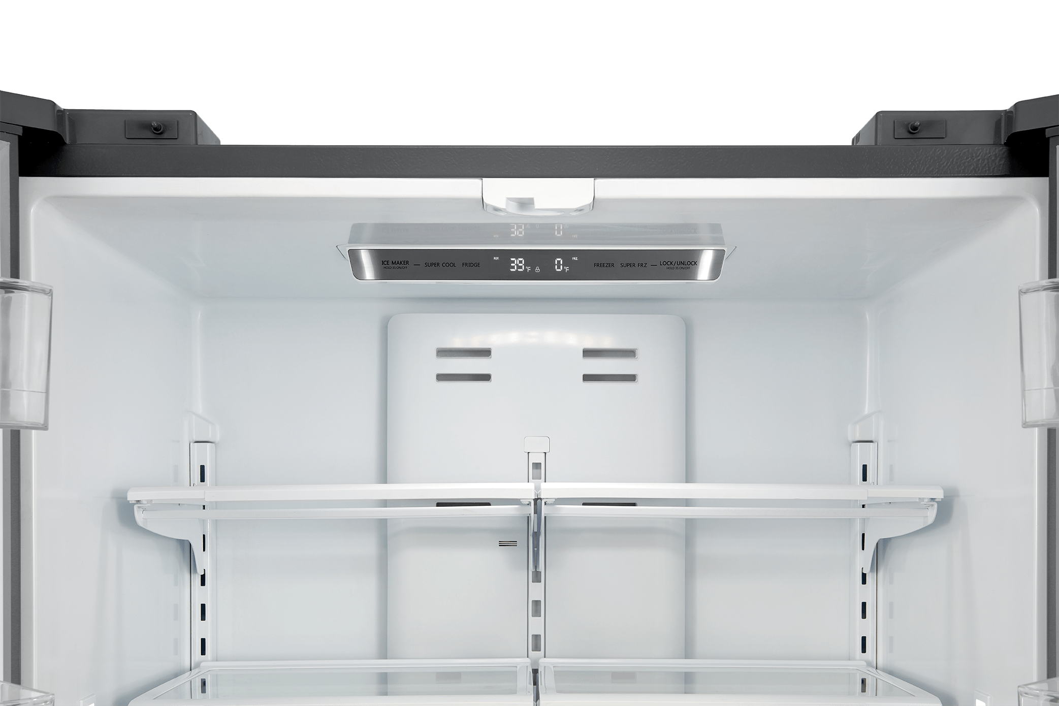 Refrigerator interior with top light and adjustable shelves