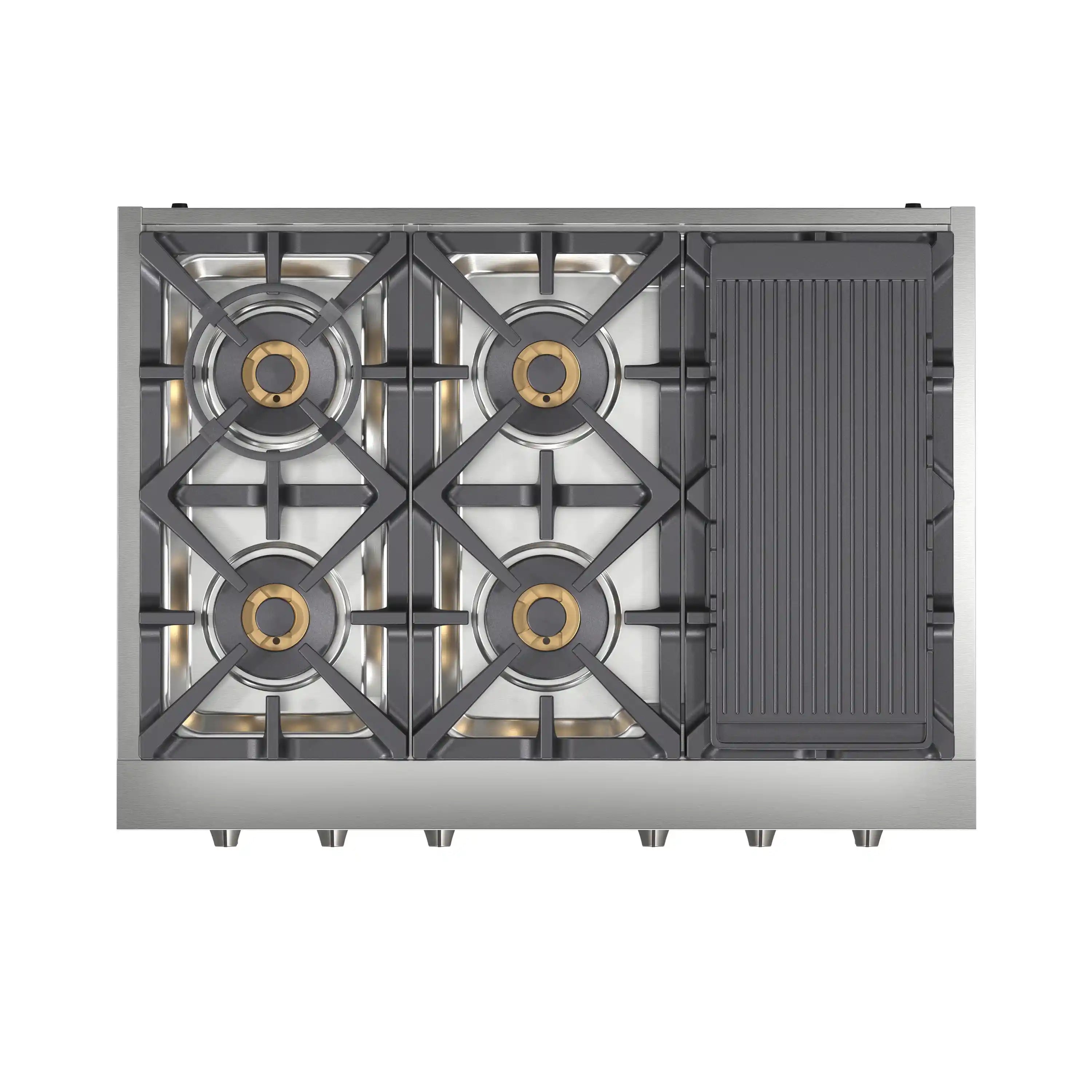 Open-frame view of stainless gas rangetop with four burners and integrated grill griddle