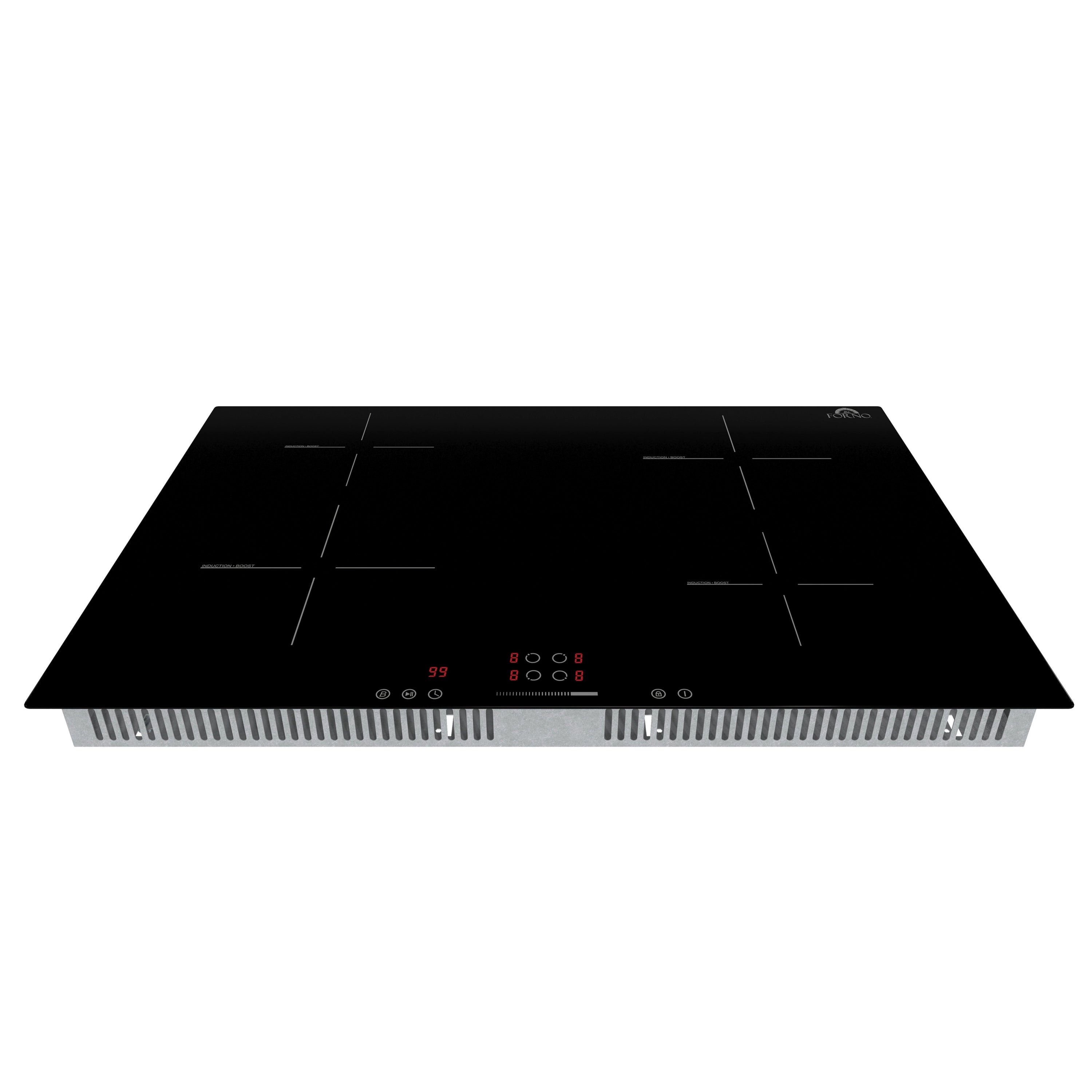 Black induction cooktop with touch control panel and four-zone markings