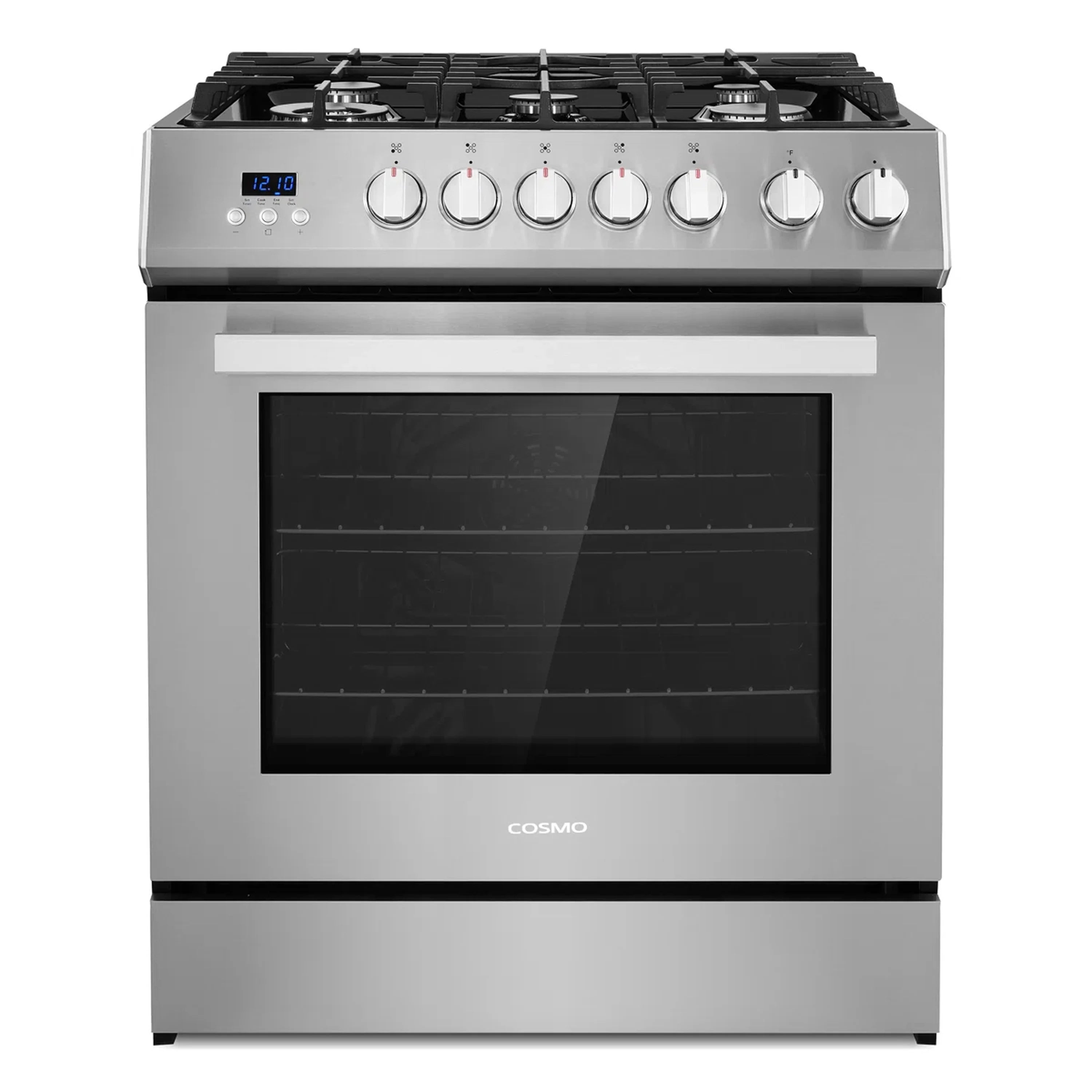 Stainless steel freestanding gas range with 5 burners, oven window, and front knobs