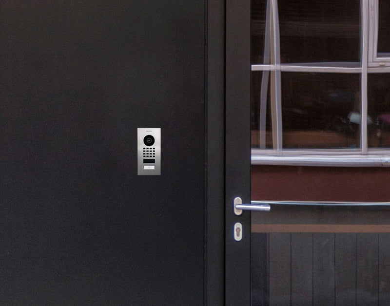 DoorBird flush-mount IP video intercom with camera and keypad call button