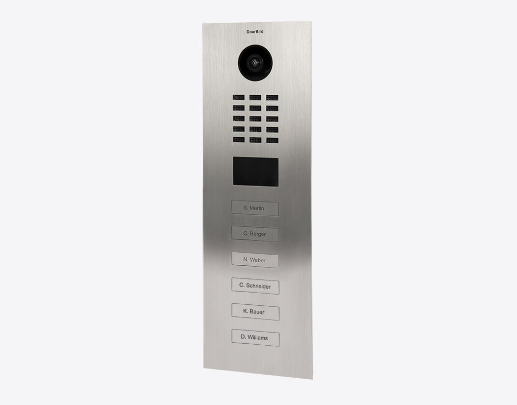 DoorBird IP video door station with 6 stainless call buttons and camera lens