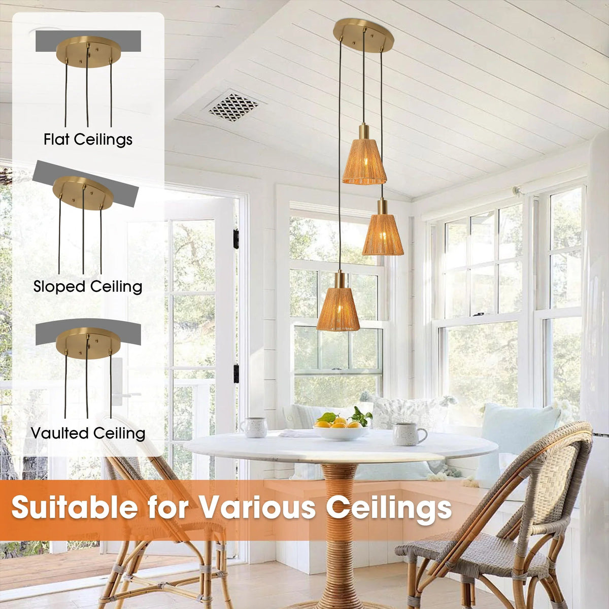 Golden three-light island pendant with amber cone glass shades and round ceiling canopy