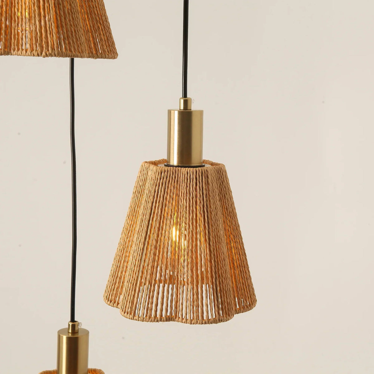 Natural rope paper pendant shade with gold socket cap and black hanging rod