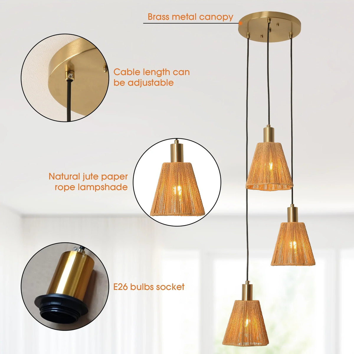 Rope paper pendant shades with gold canopy, adjustable cable, and E26 bulb sockets
