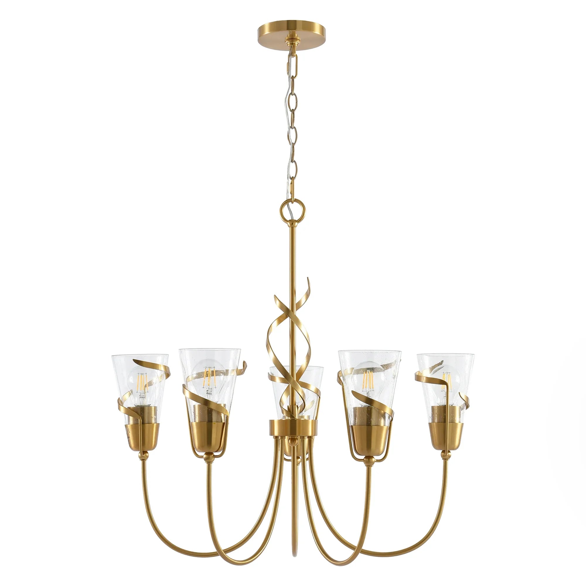 Golden 5-light chandelier with clear glass shades and twisted metal arms