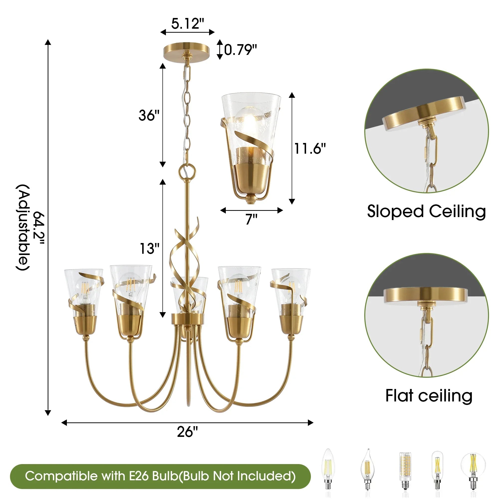 Golden 26-inch 5-light chandelier size diagram with sloped or flat ceiling