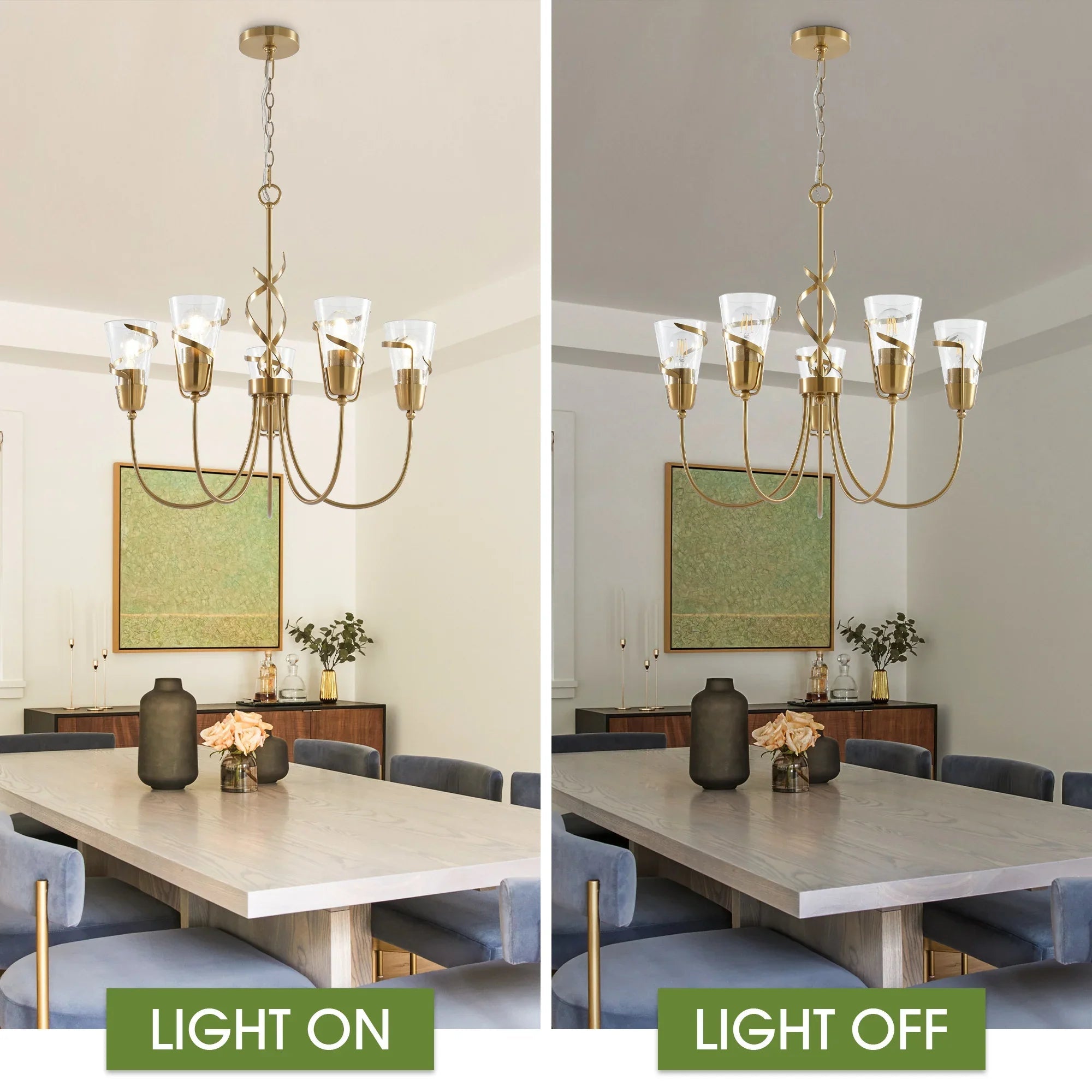 Golden 5-light chandelier with bulbs on, clear glass shades