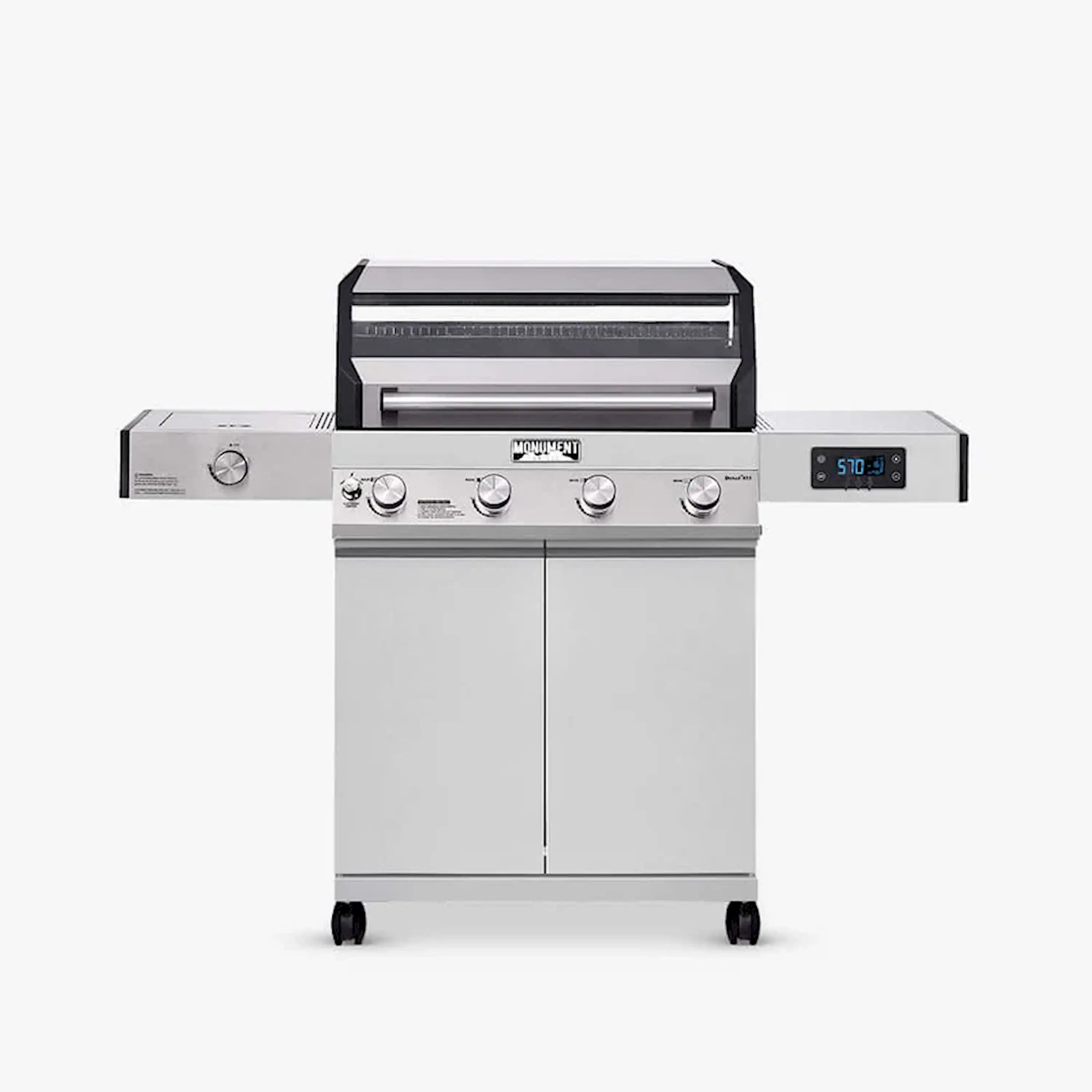 Stainless steel propane gas grill on wheeled cart with closed lid