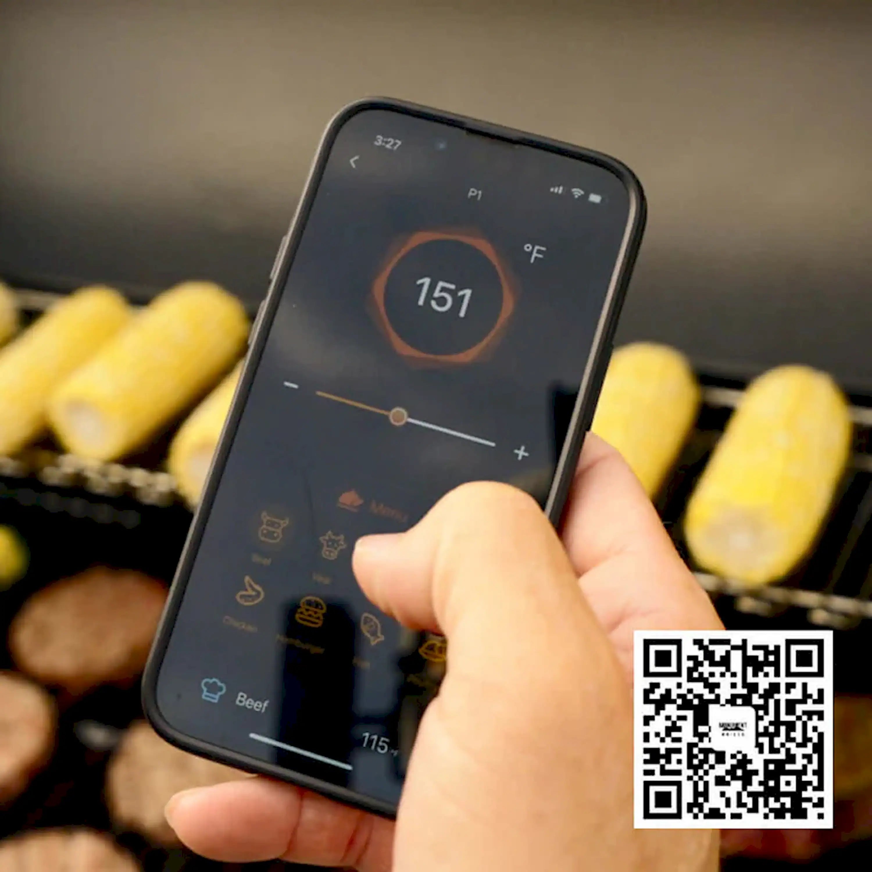 Smart gas grill app on a smartphone showing 151°F temperature control