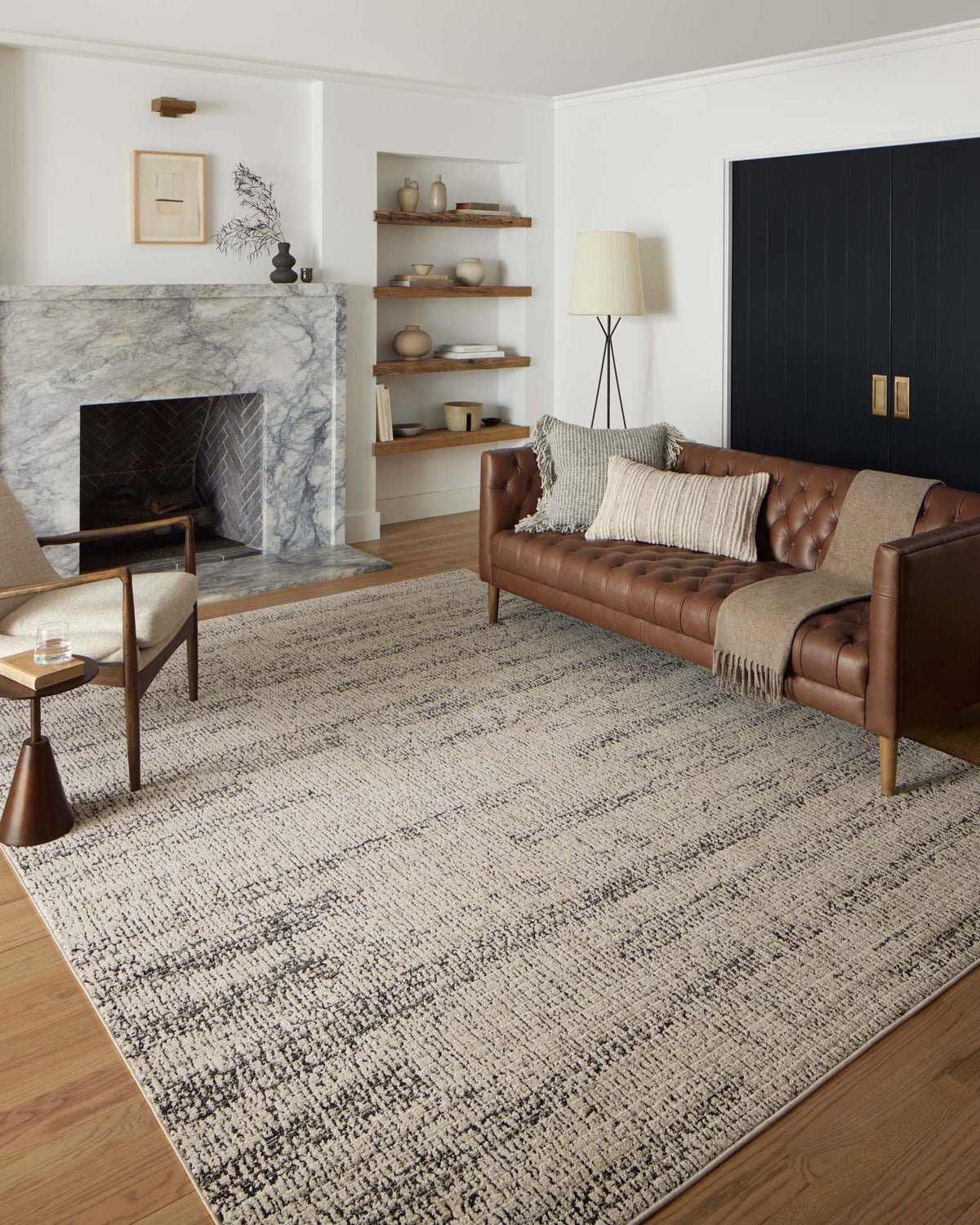 Oatmeal and charcoal runner rug with distressed abstract pattern, flat weave