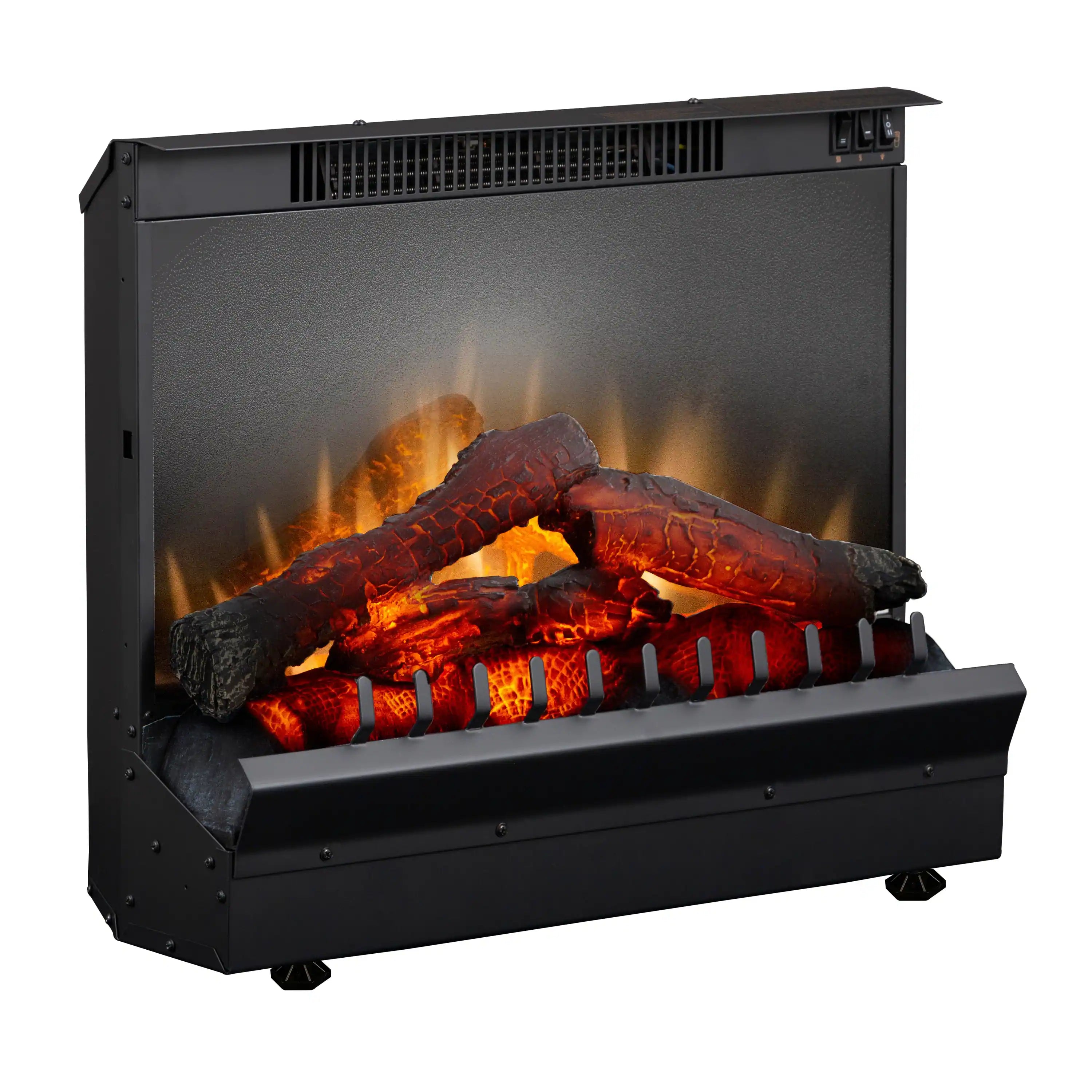 Black electric firebox insert with LED logs and bright flame effect, angled view