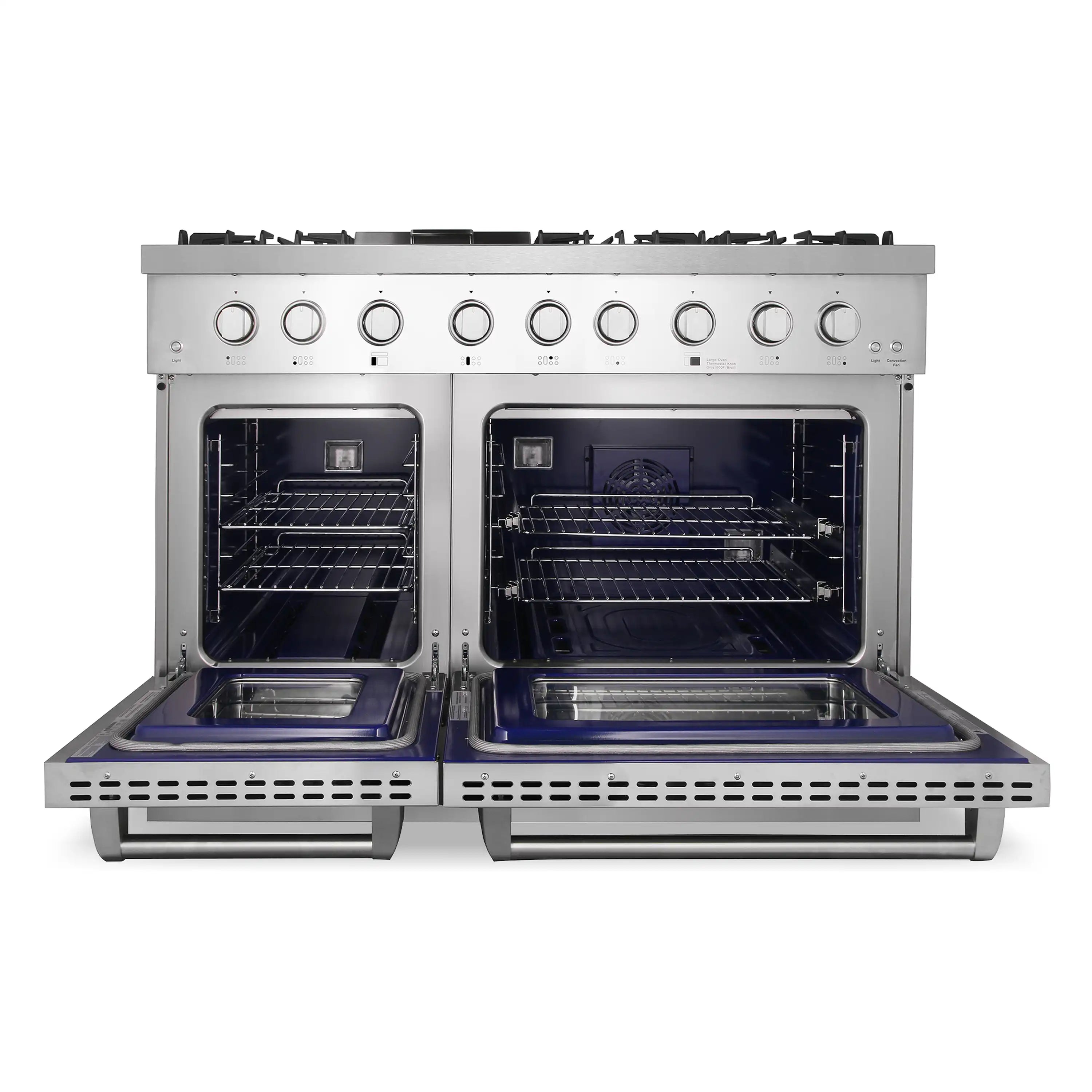 Dual fuel range with both oven doors open, showing oven racks and interior cavities