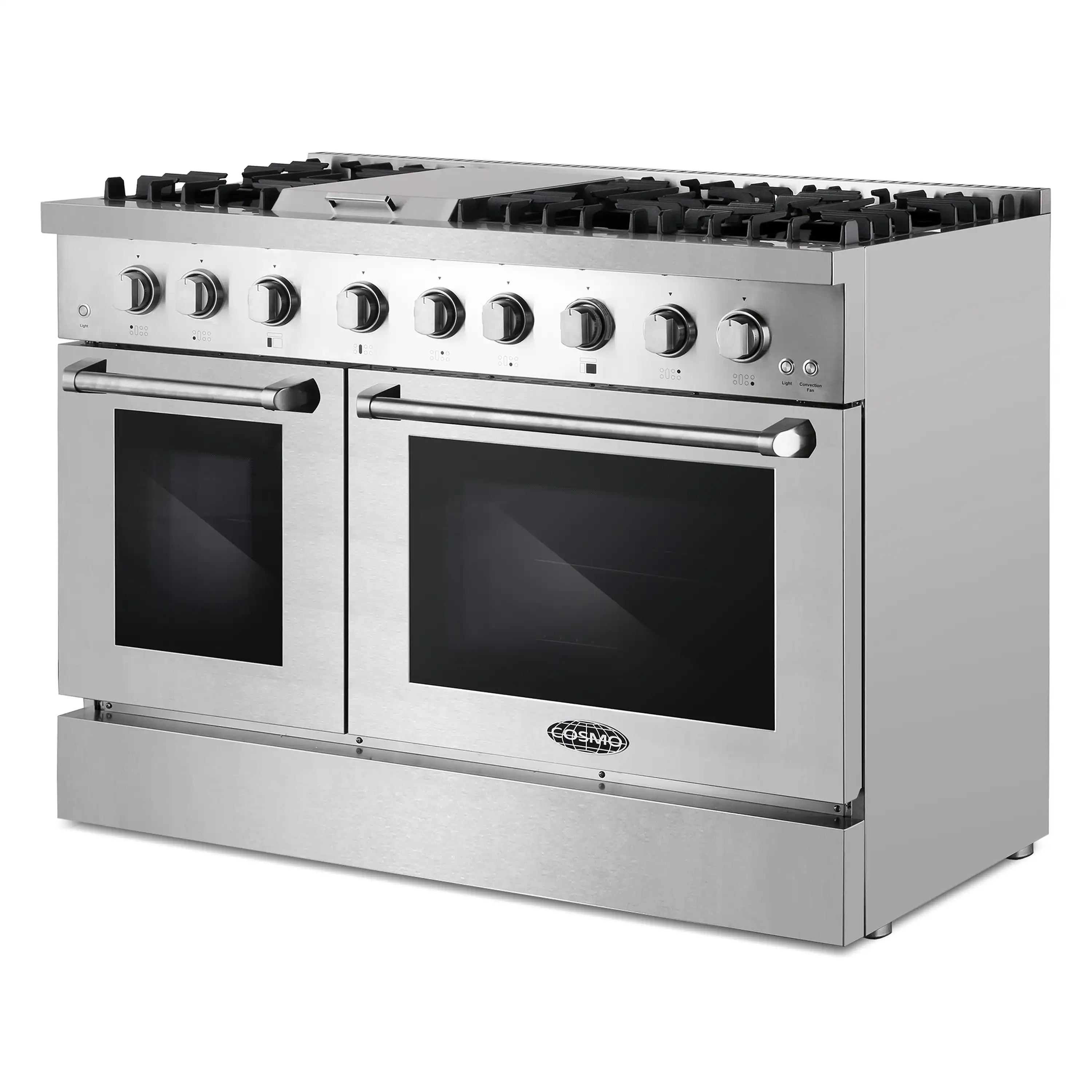 Stainless steel dual fuel range with two ovens and front control knobs
