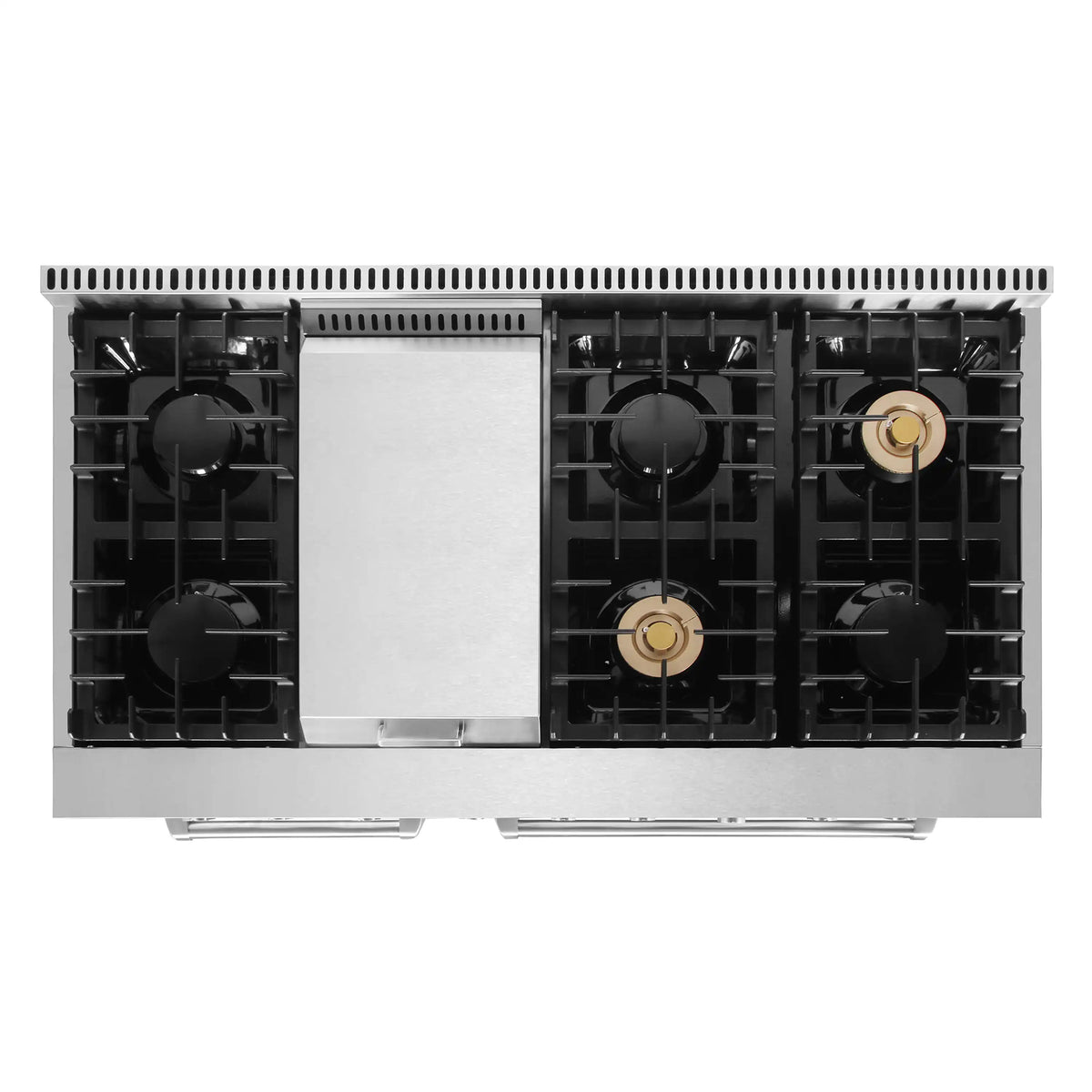 Dual fuel range cooktop with central griddle and sealed burner rings in stainless steel