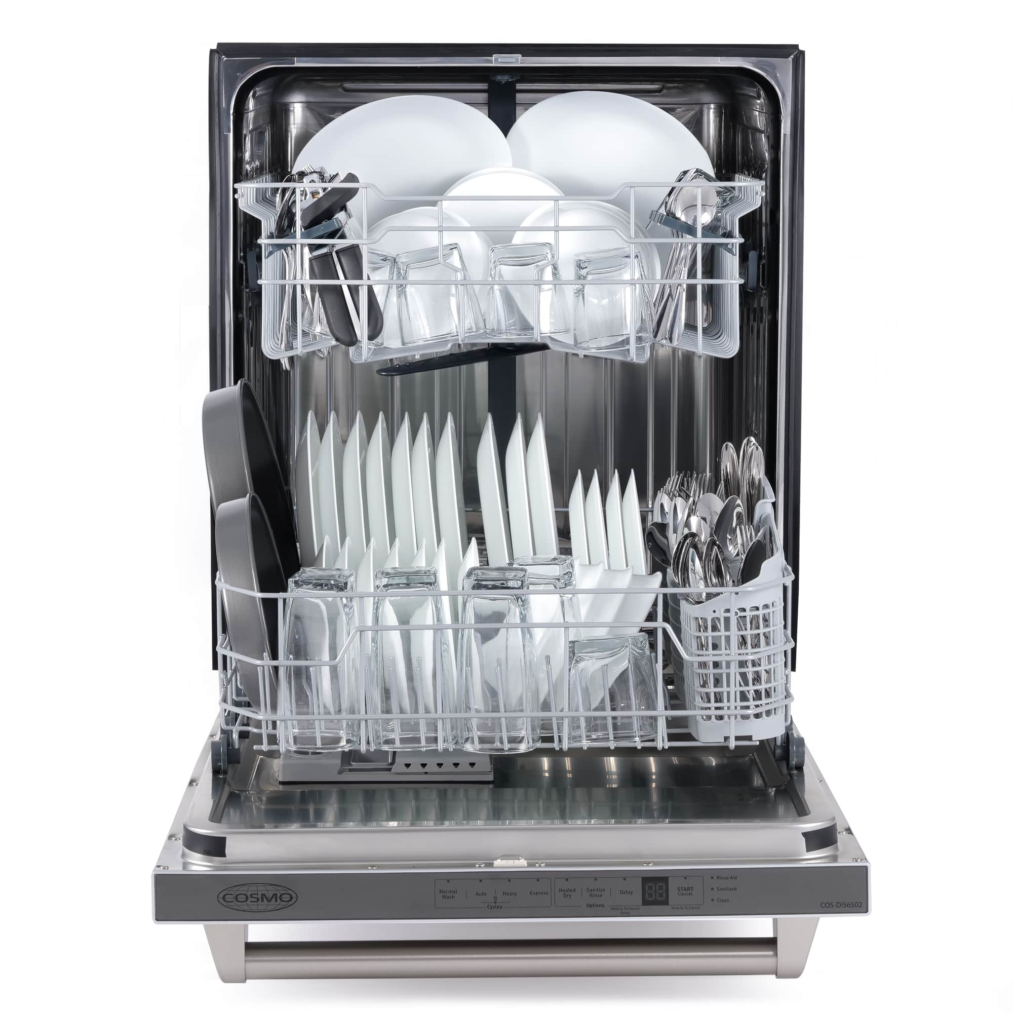 Cosmo stainless steel dishwasher with upper and lower racks fully loaded