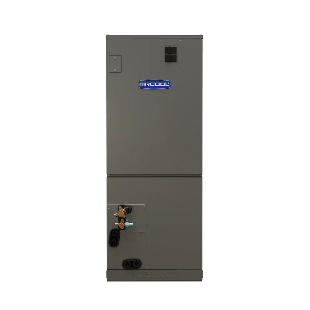 MRCOOL gray outdoor condenser unit with service valves and control panel