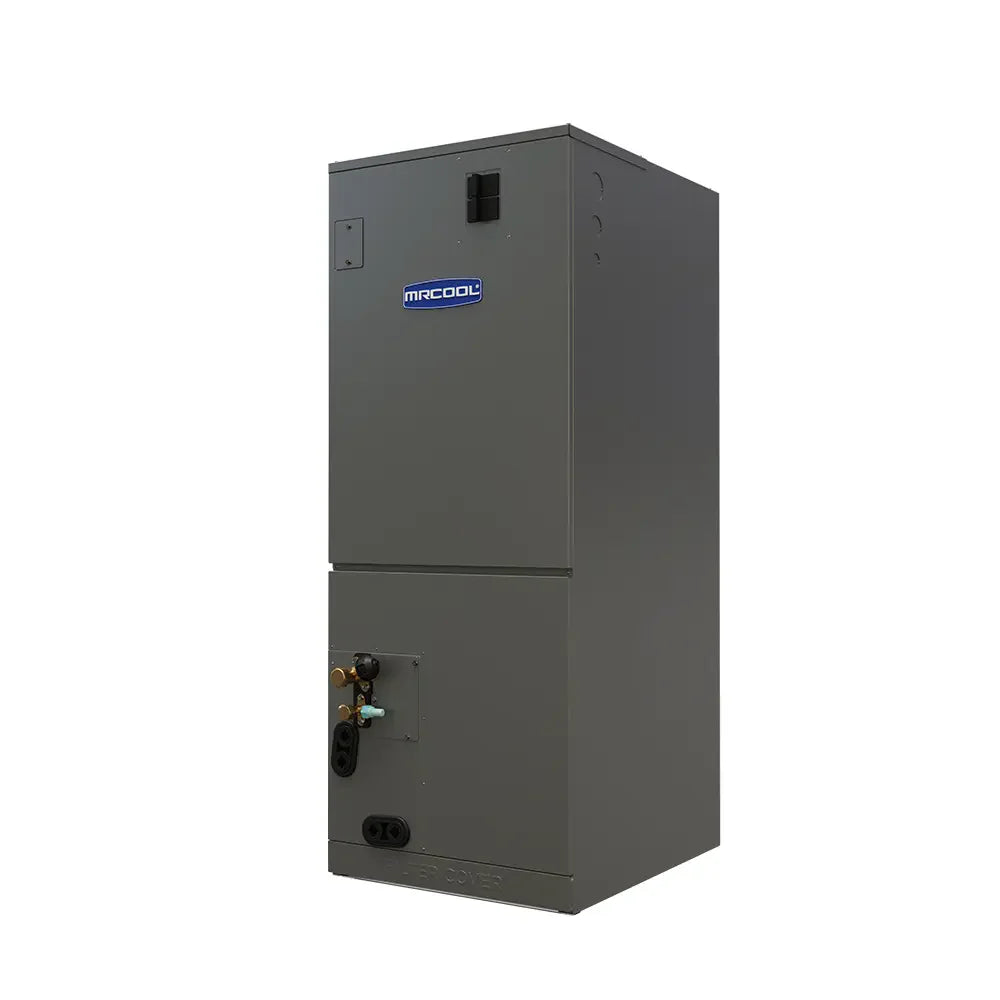 MRCOOL hybrid central split system outdoor condenser dark gray side view with service ports