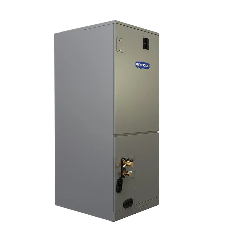 MRCOOL gray outdoor condenser unit, front corner view with access ports and logo