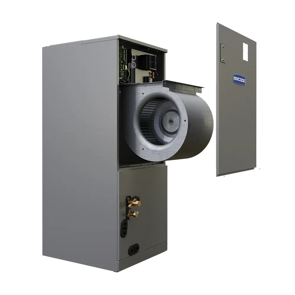 Ducted air handler with side access panels open, showing blower fan wheel