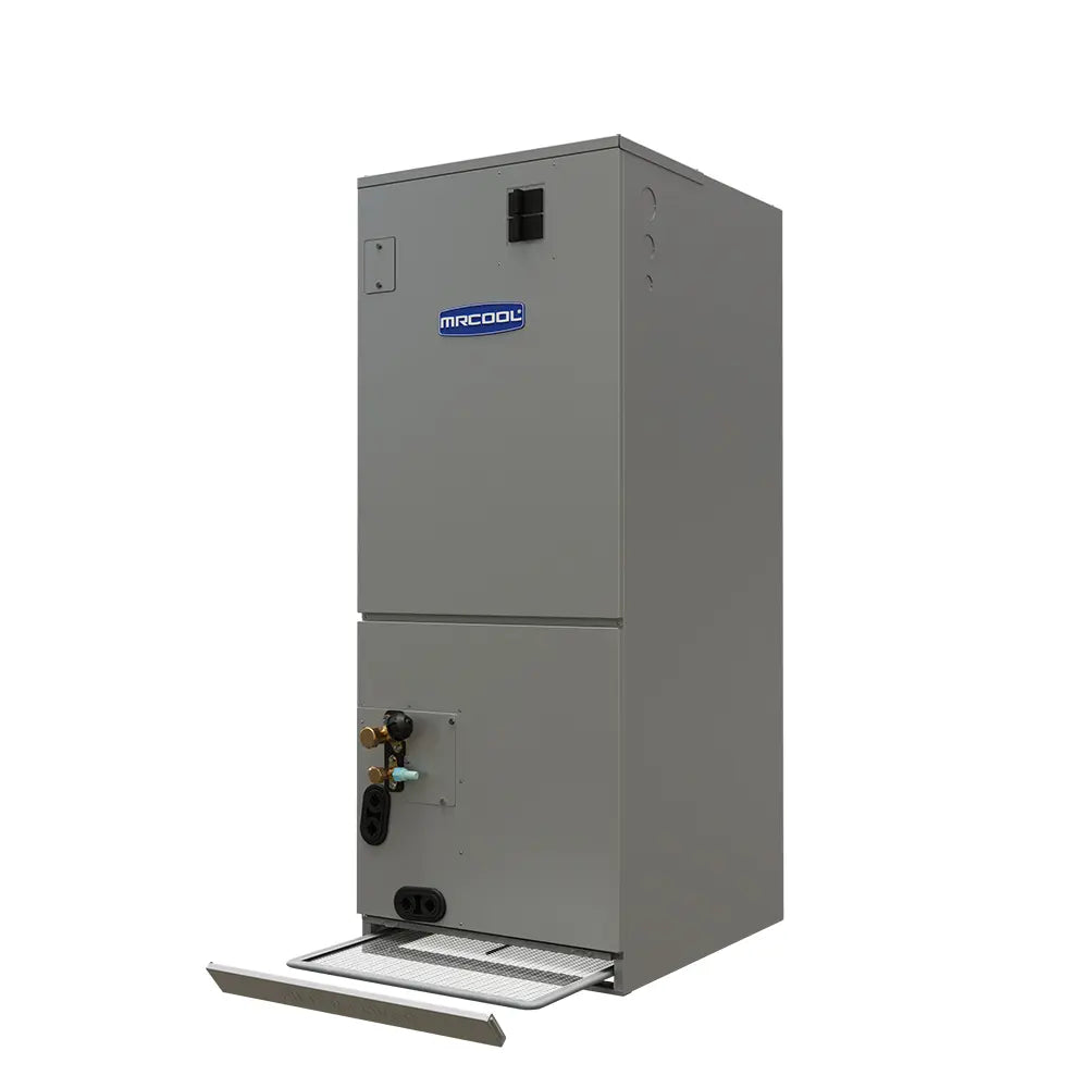 Gray ducted air handler with pull-out tray base and front service connection fittings