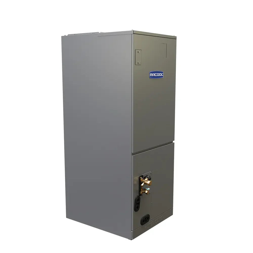 MRCOOL HVAC air handler in gray cabinet with side connectors and label