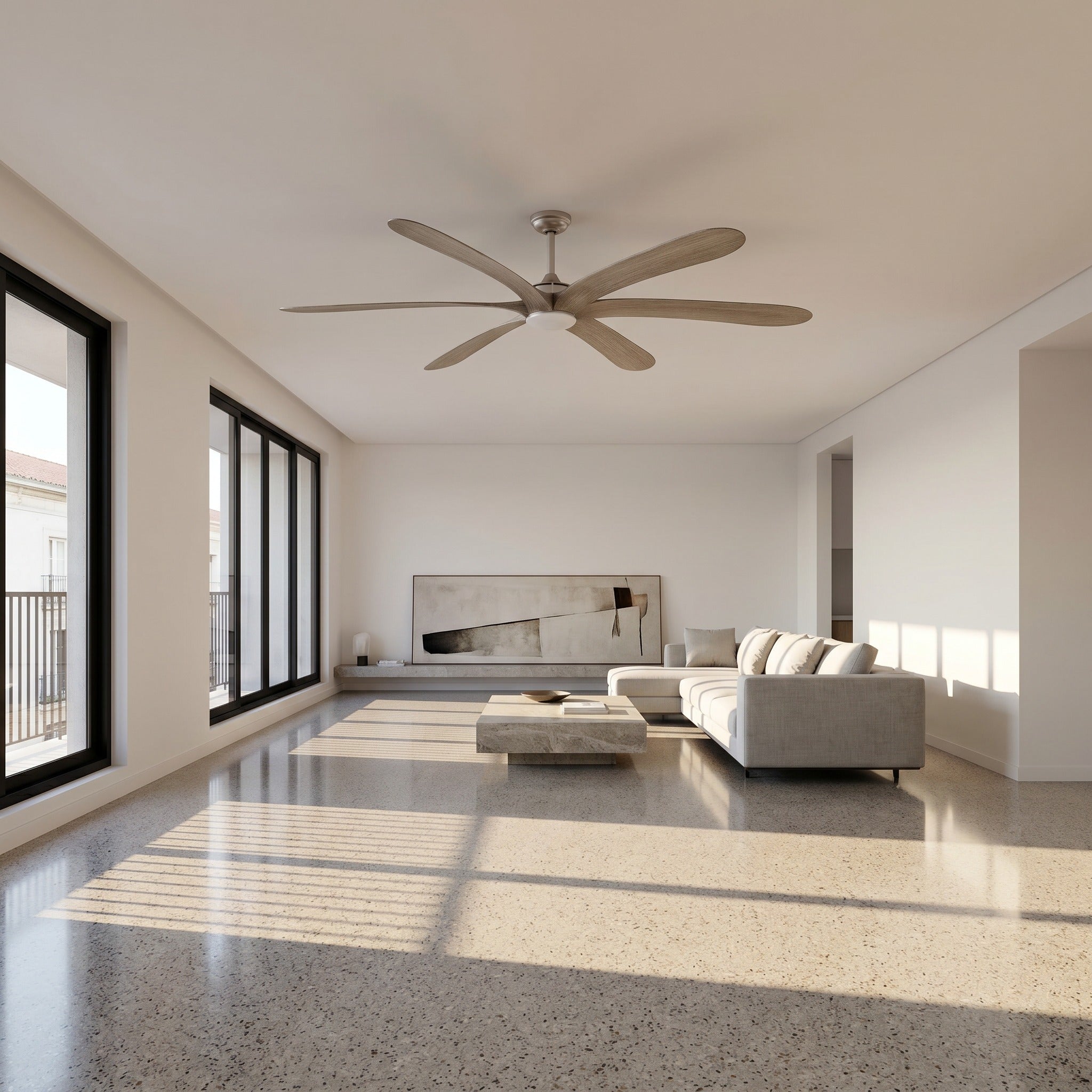 72-inch farmhouse-style ceiling fan with light wood blades and frosted light fixture