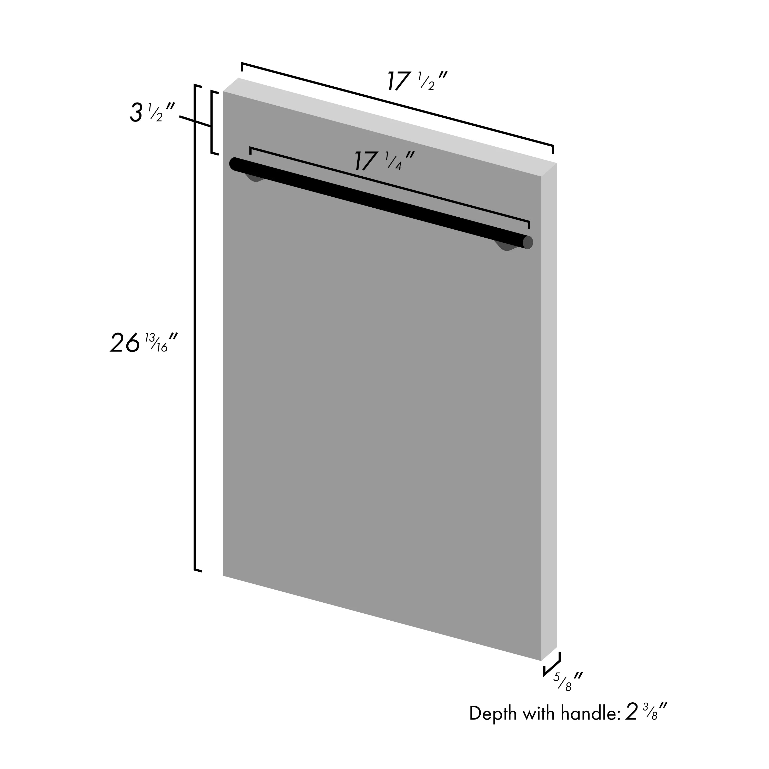 Dishwasher front view with handle and dimension labels