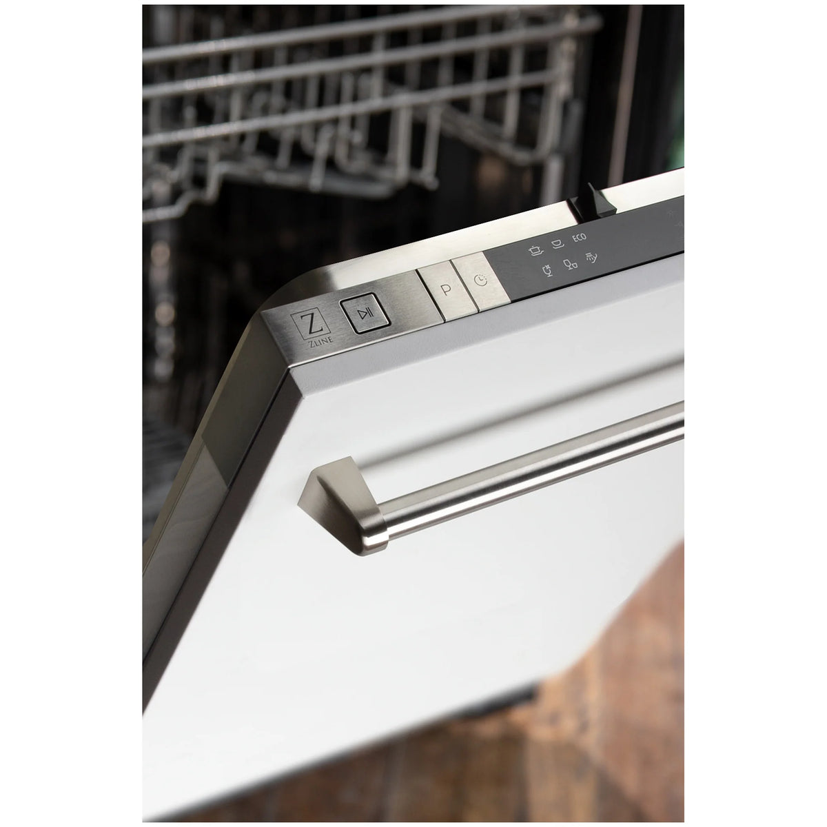 Dishwasher door with stainless bar handle and control button panel