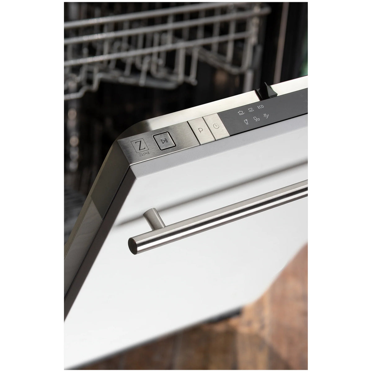 Dishwasher control panel with stainless handle and ZLINE logo on top edge