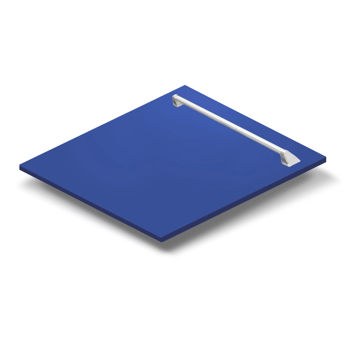 Blue matte dishwasher front panel with silver handle bar