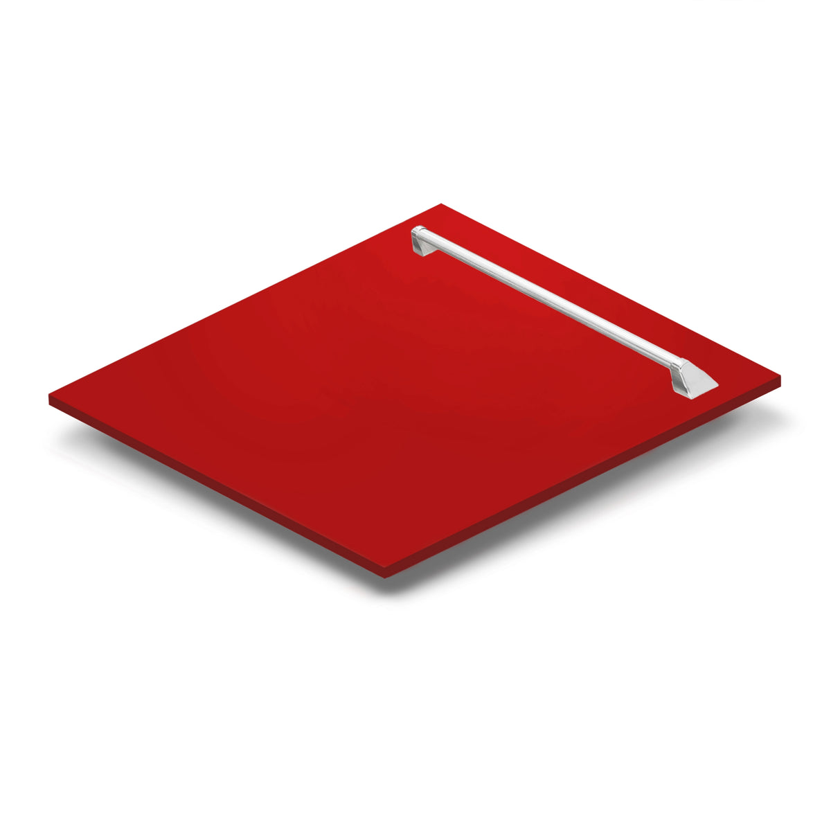 Red matte dishwasher door panel with chrome pull handle