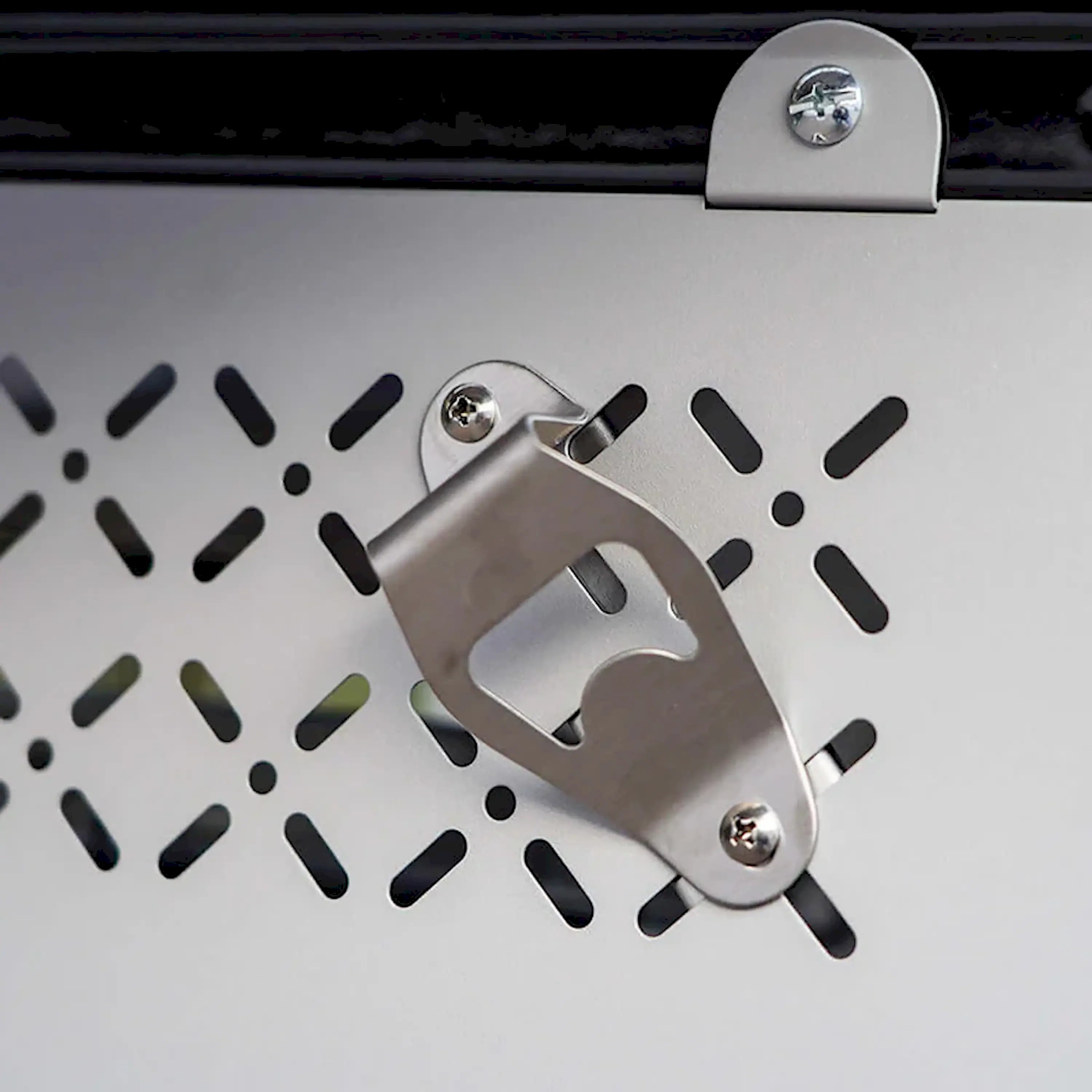 Stainless steel grill side handle with mount on perforated side panel