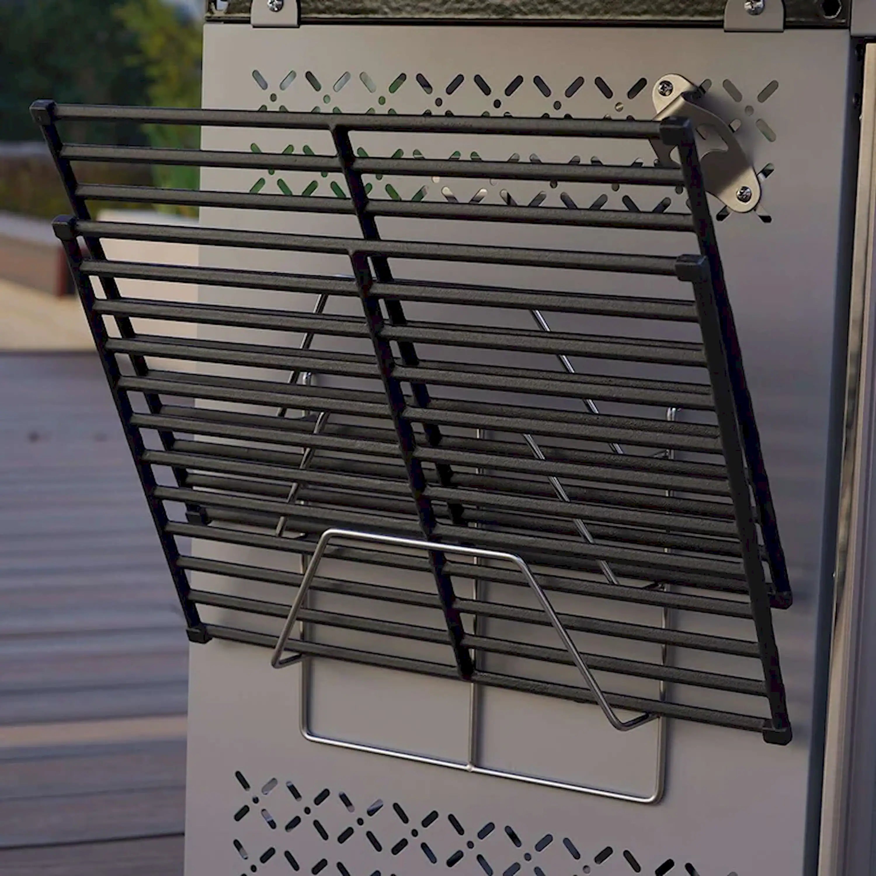 Black slatted grill rack with extended frame and bottom support bar