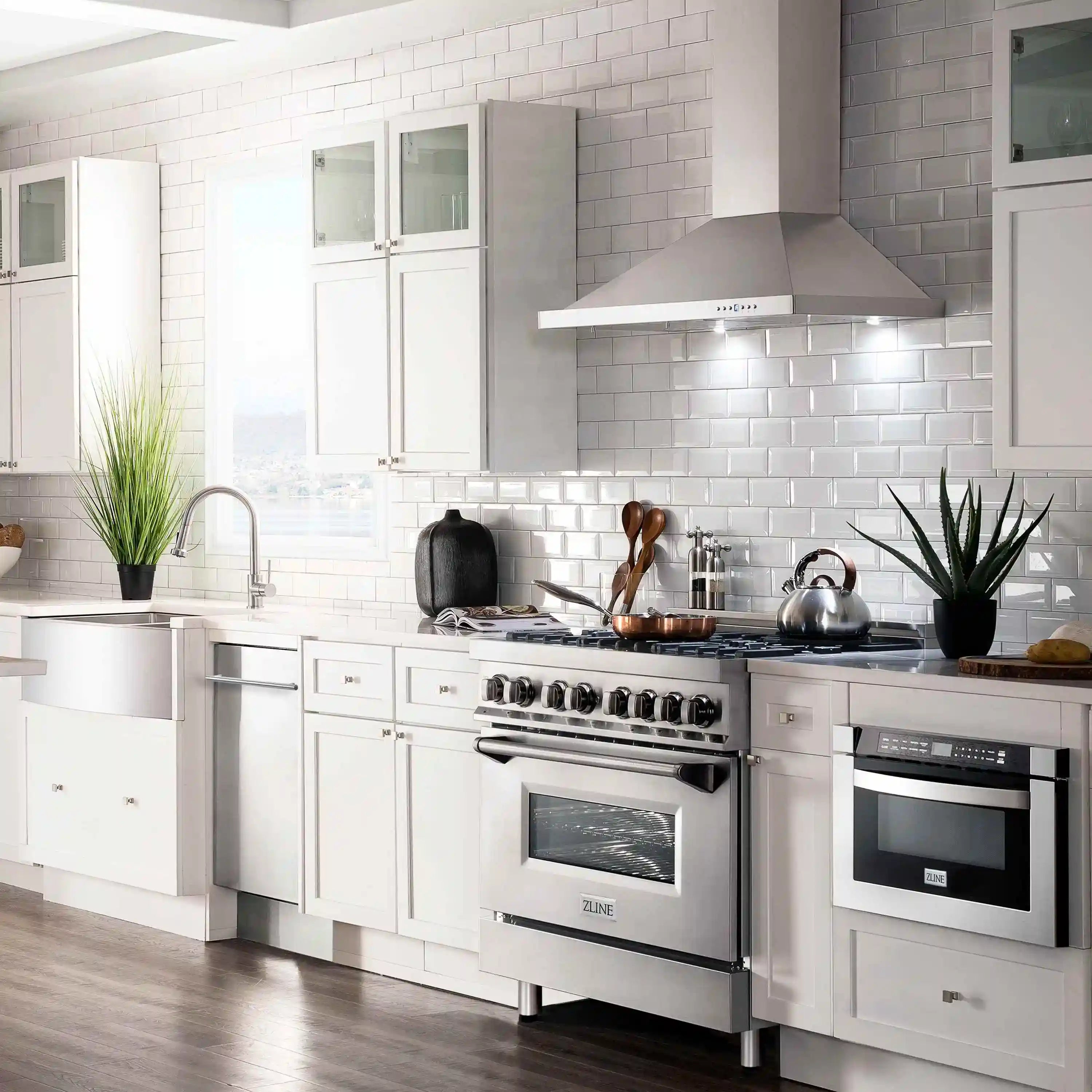 Stainless steel range with five burners and convertible hood in a kitchen setting