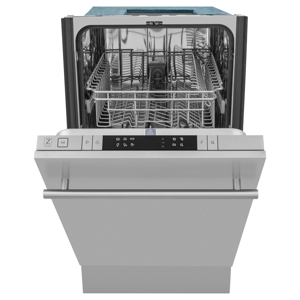 Dishwasher with open door, loaded racks, and front control panel