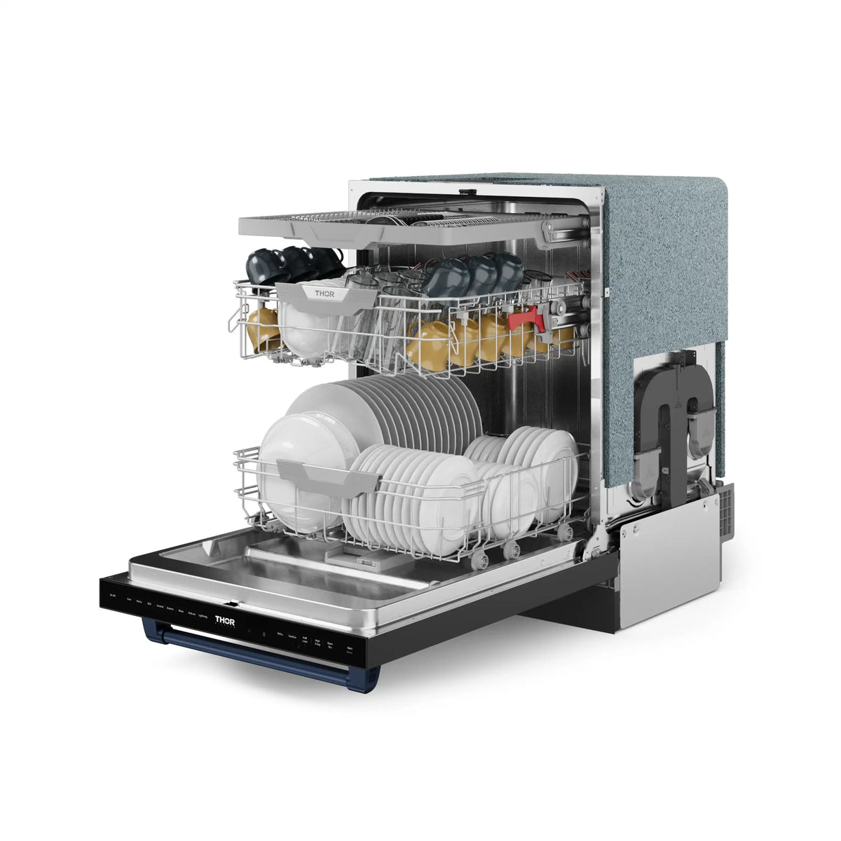 Built-in dishwasher with open door and dishes in top and bottom racks