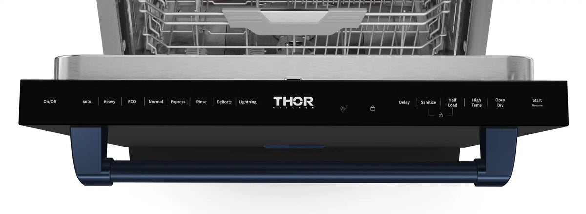 Dishwasher front control panel with THOR logo and blue status indicators