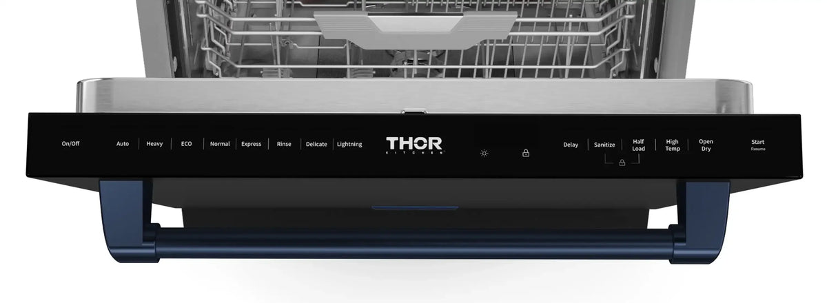 Black gas range control panel with THOR logo and blue accents