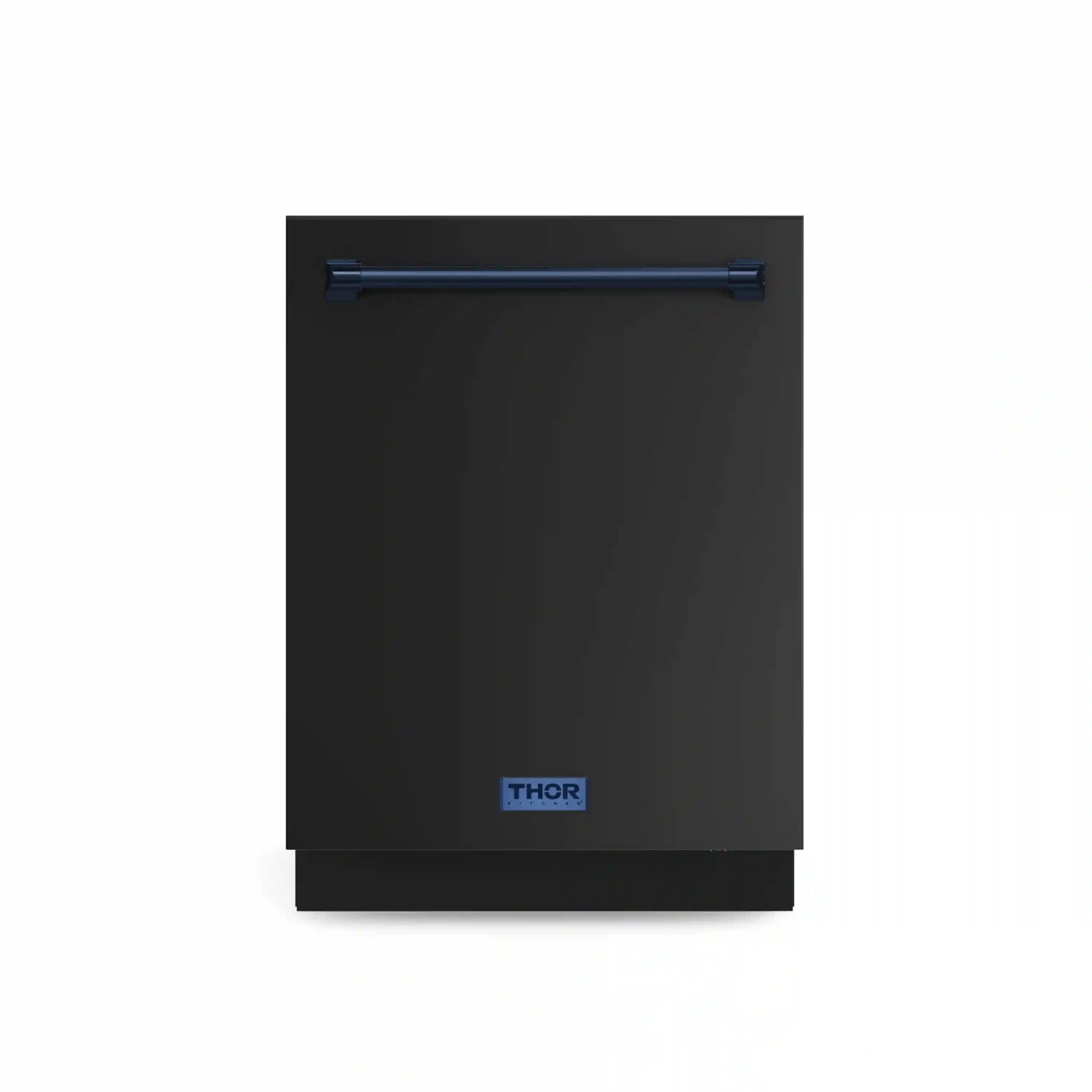 24-inch built-in dishwasher front, black finish with navy blue top trim and handle bar