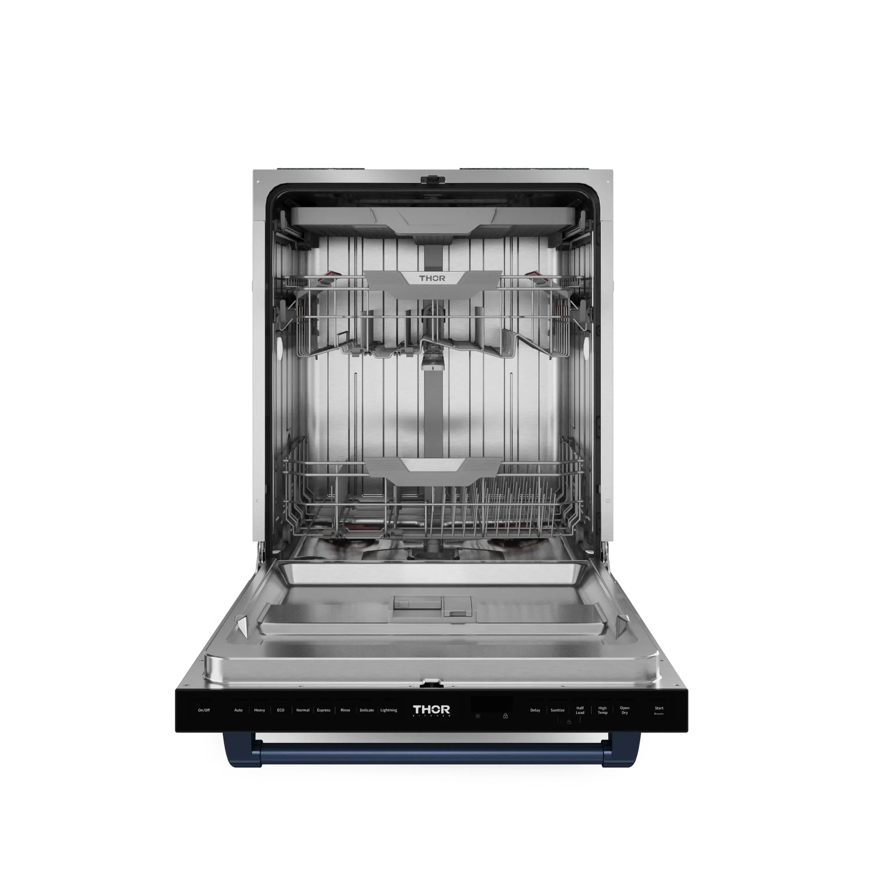 Black dishwasher front view with open door and stacked dish racks.