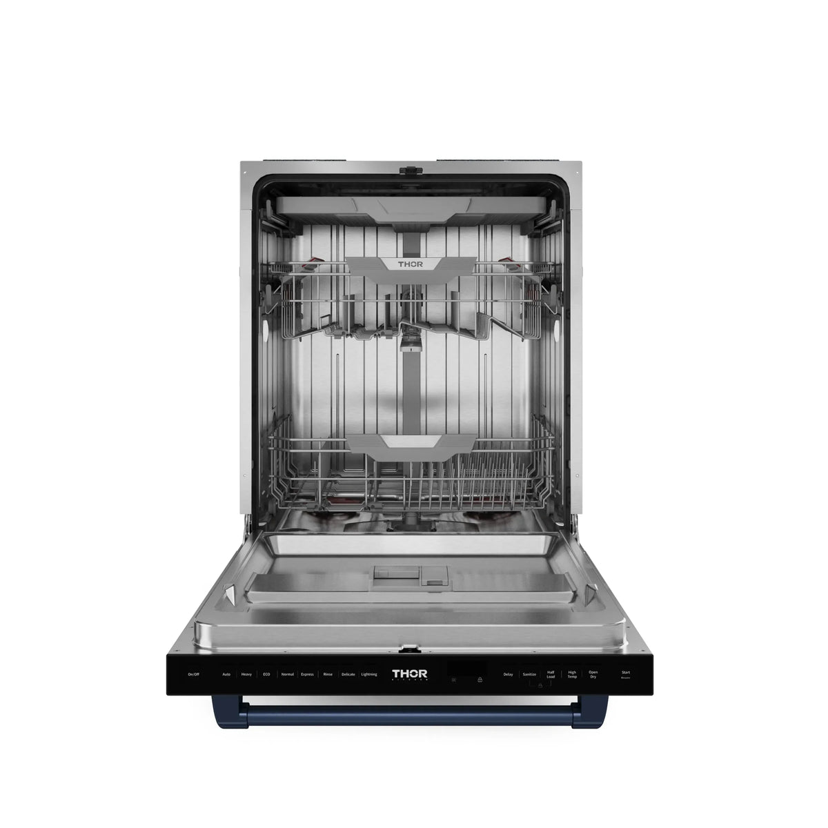 Black dishwasher with open door, visible wash racks and spray arms