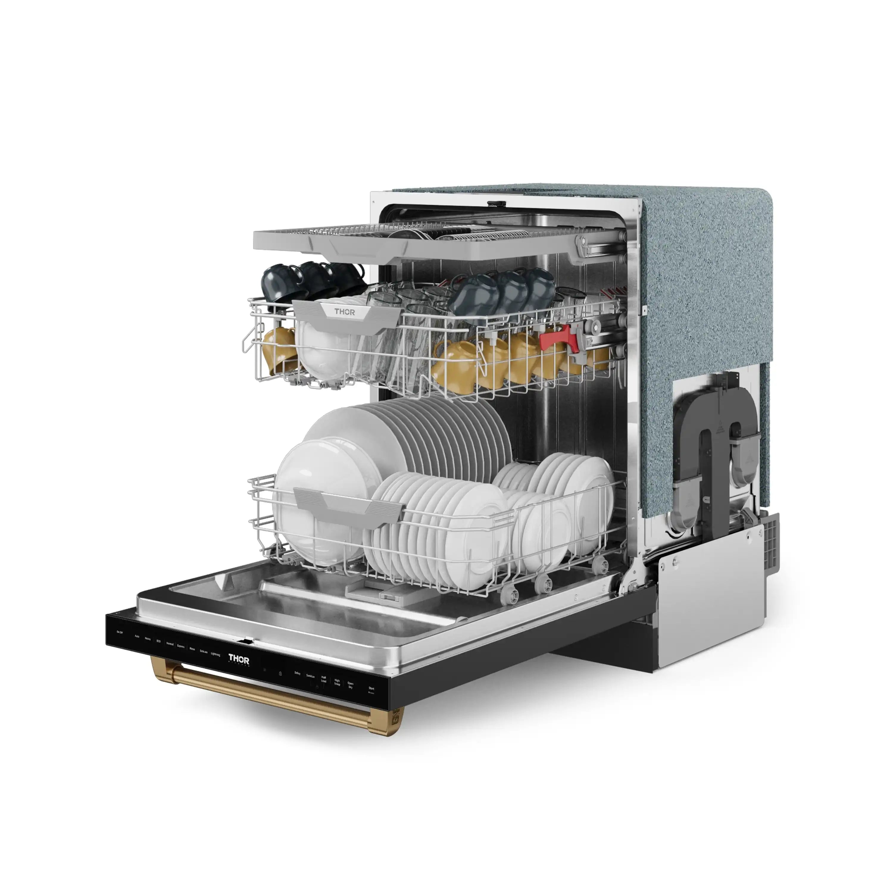 Open dishwasher with loaded racks, gray interior and stainless wash tub
