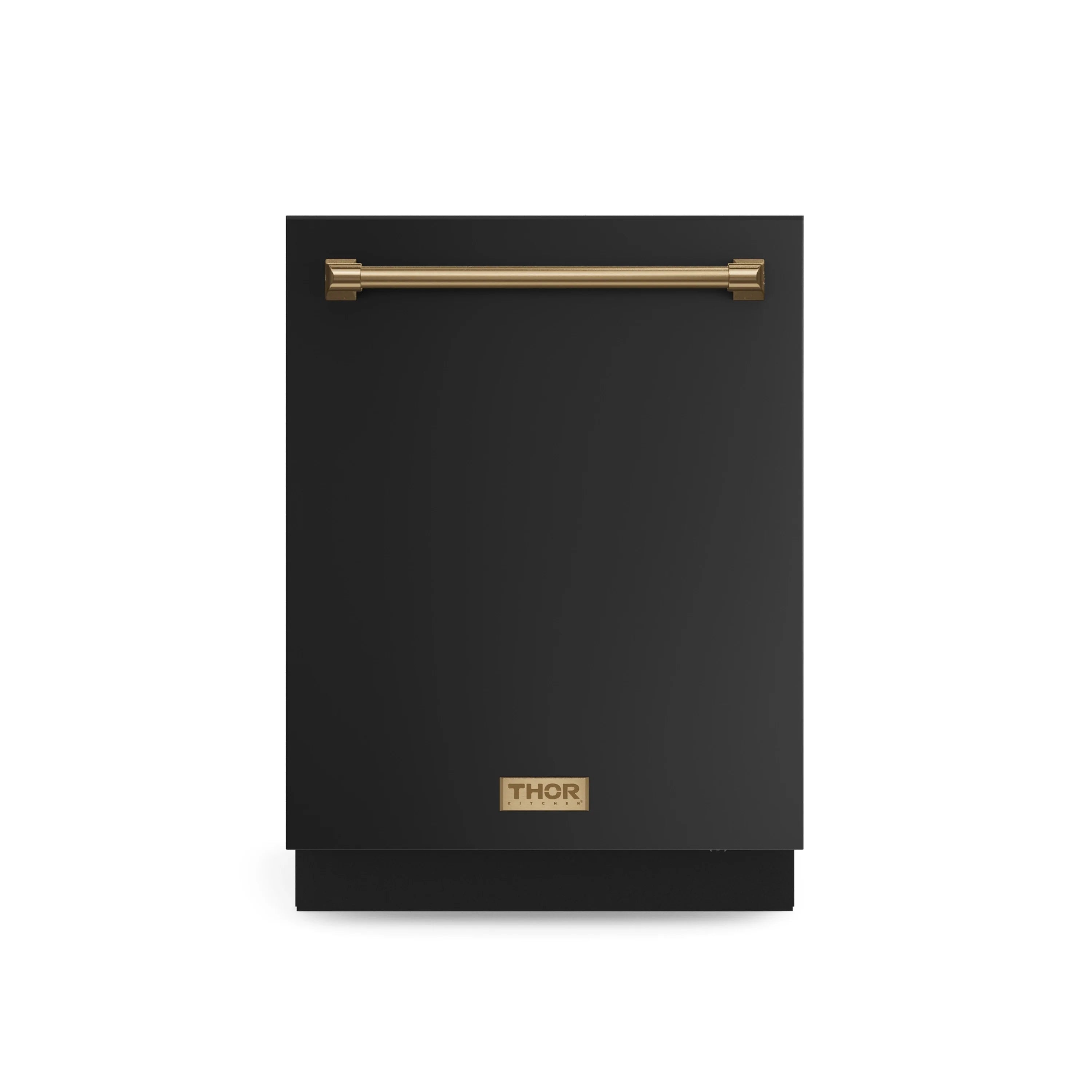 Built-in dishwasher exterior in black with bronze handle bar and THOR logo
