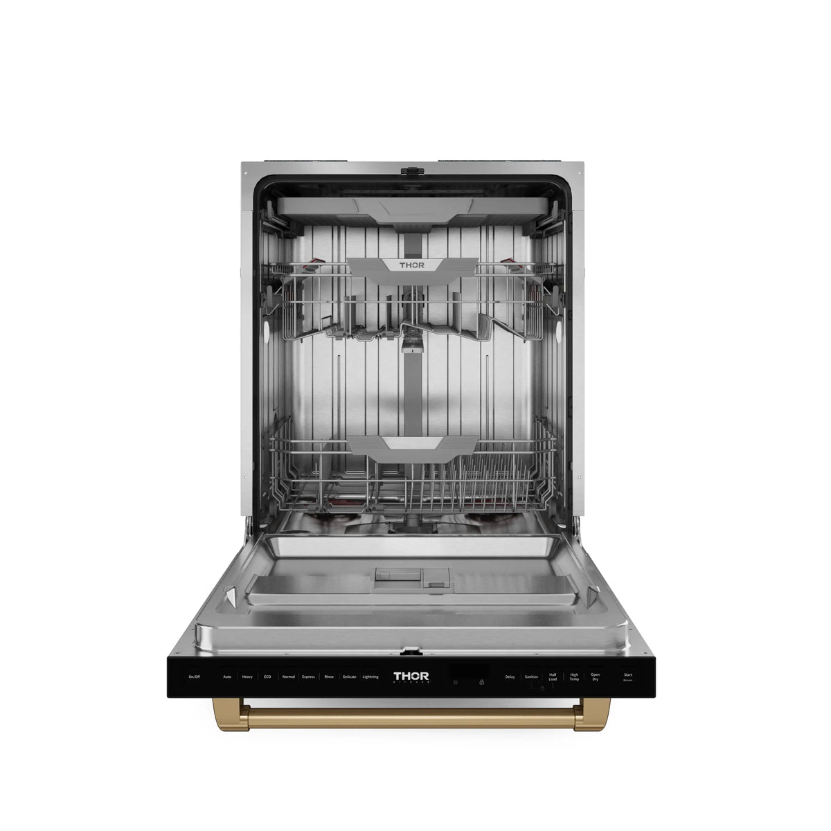 Black dishwasher interior view with top and bottom racks and front control panel