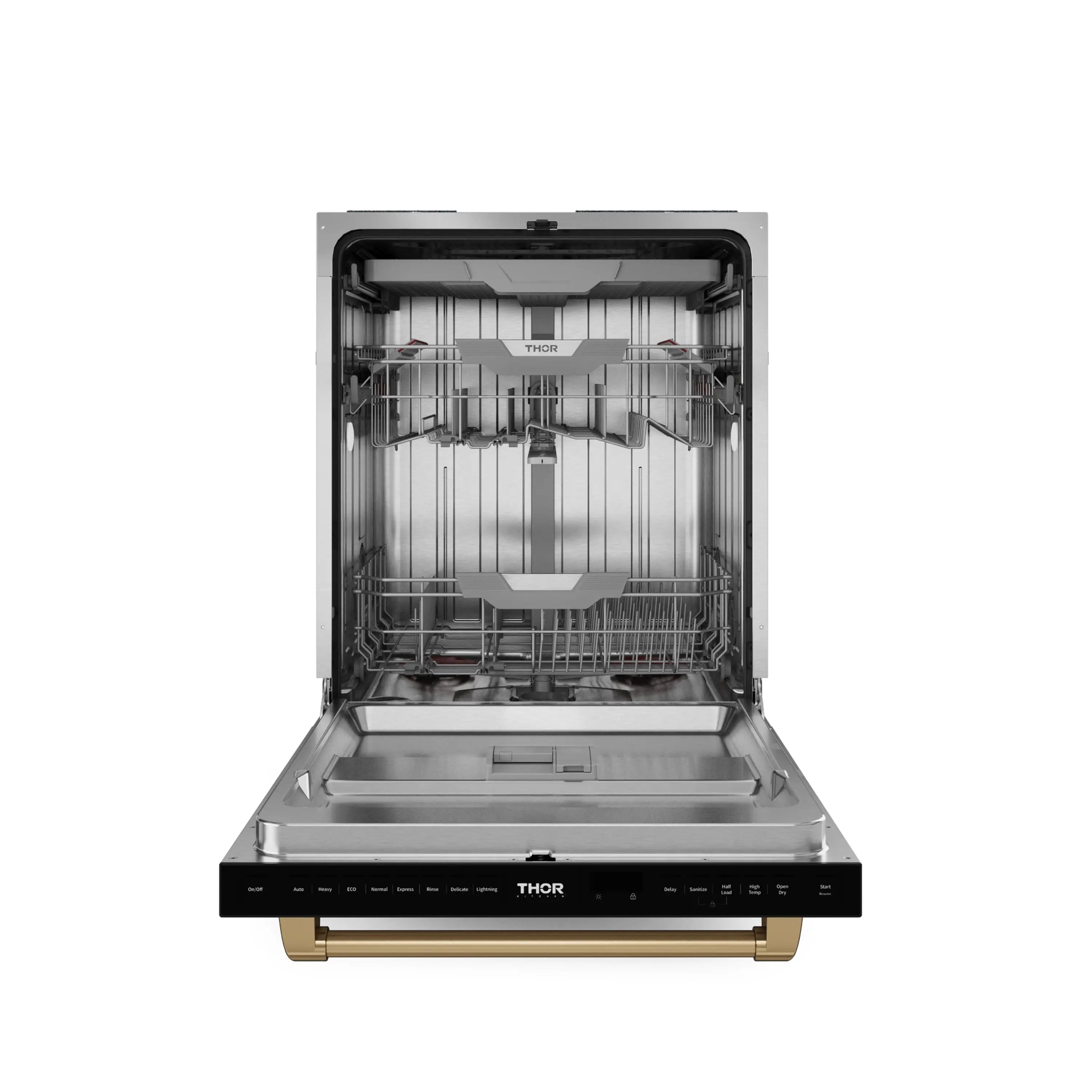 Open dishwasher with visible upper spray arm and lower rack on stainless base
