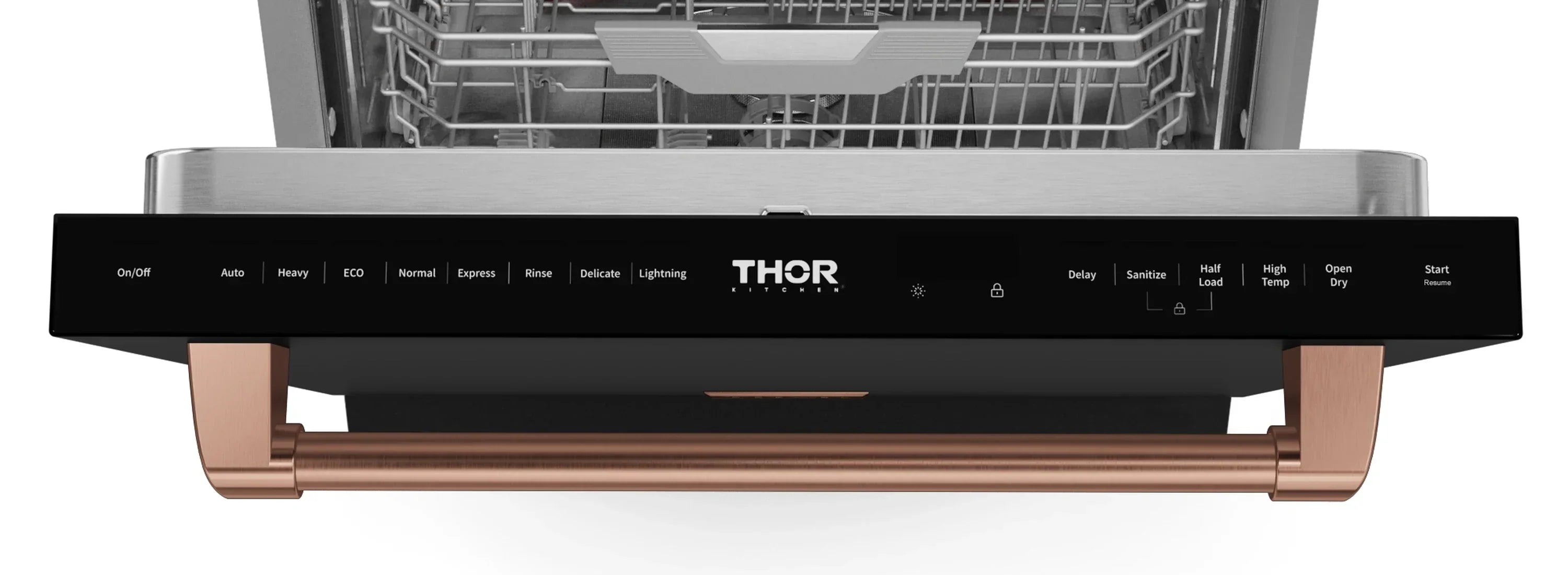 Black wall-mount range hood with rose gold trim and THOR control panel