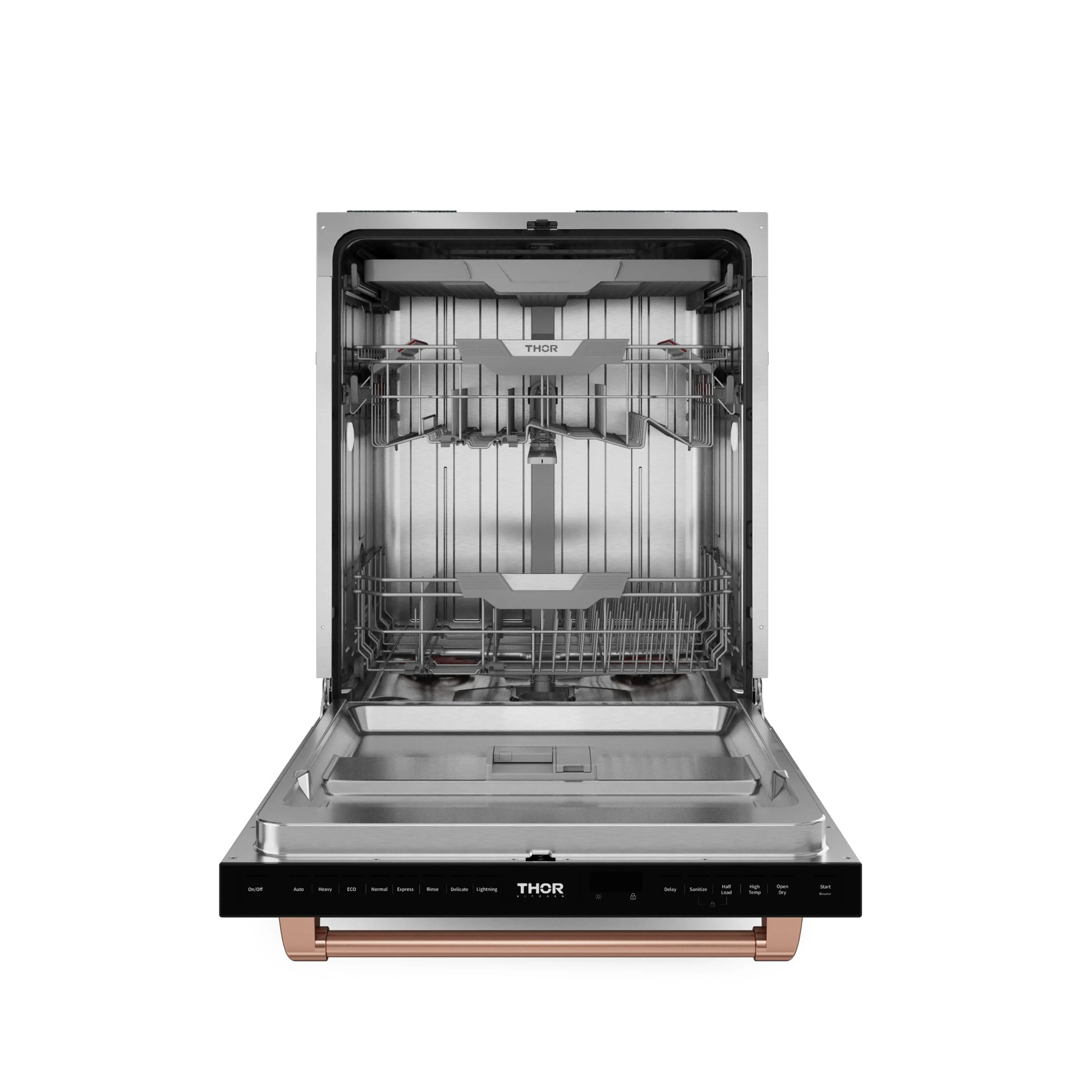 Black dishwasher with rose gold handle, open door showing dish racks